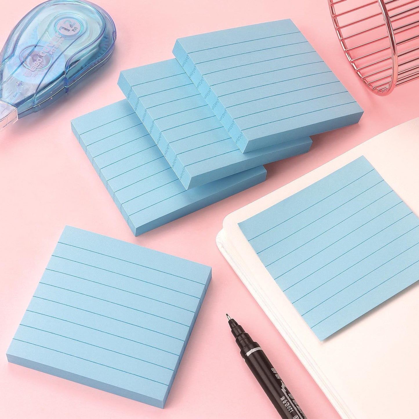 Lined Sticky Notes 3x3 Sticky Notes with Lines Self-Stick Notes Bright Color 4 Pads 90 Sheets/Pad (Light Blue)