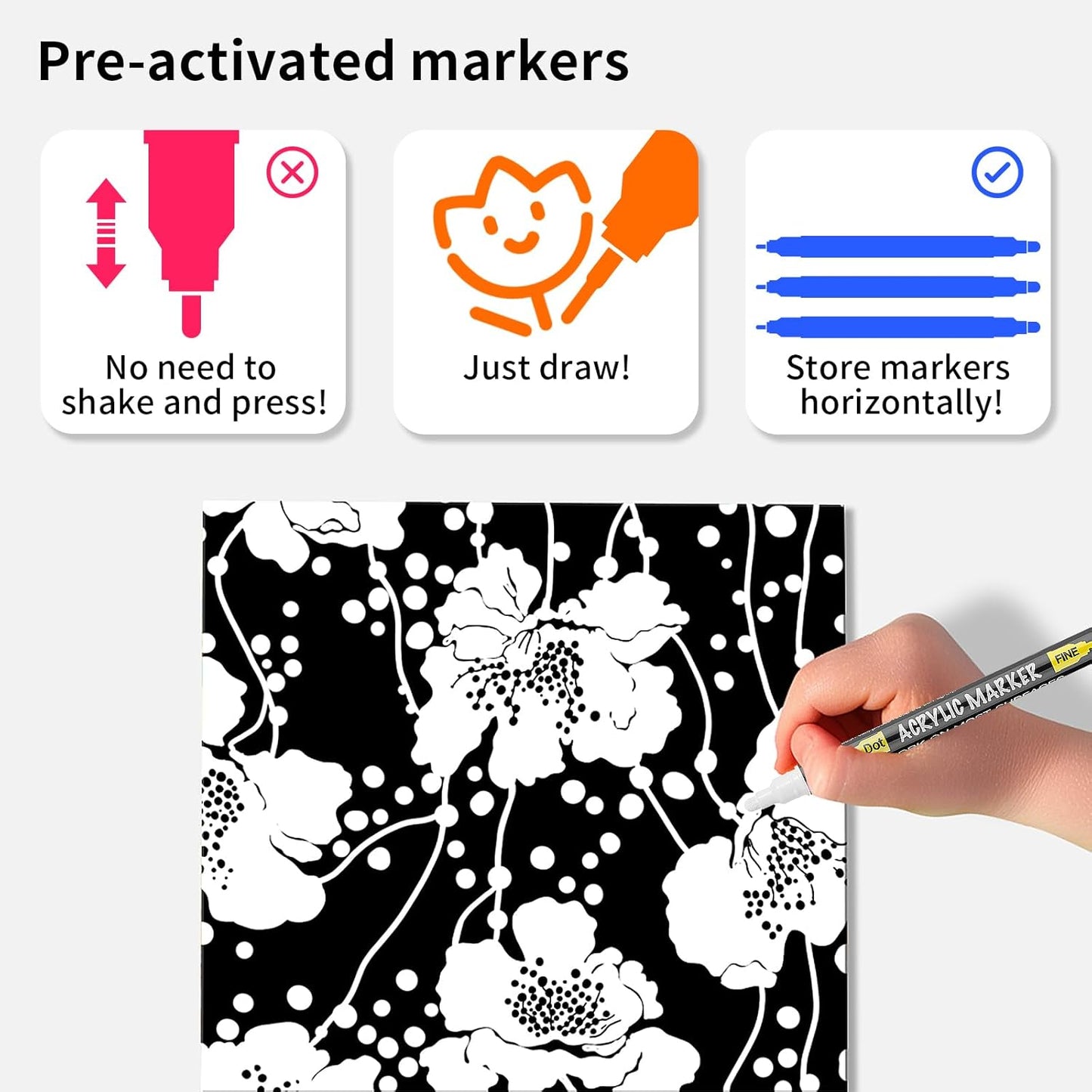 NAWOD 6 White Acrylic Paint Pens - Dual Tip (Fine 1mm + Dot 5mm) Permanent Markers for Rock, Fabric, Canvas, Ceramic, Glass, Wood, Paper, Labeling, Drawing, DIY Crafts