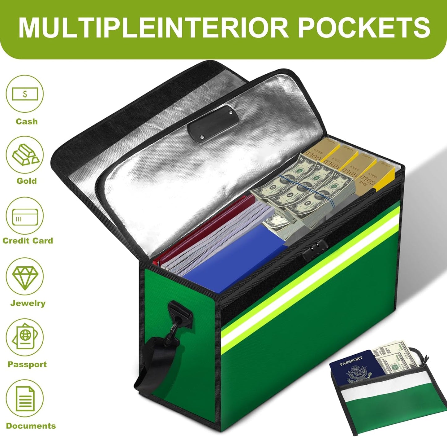 6500°F Fireproof Document Bag with Lock-Fireproof Box with 10 Layers Insulation Materials&Waterproof Zipper,Removable Wallet,Reflective Strip for Cash,Documents,Jewelry(14.2”x 9.6”x 4.1”)