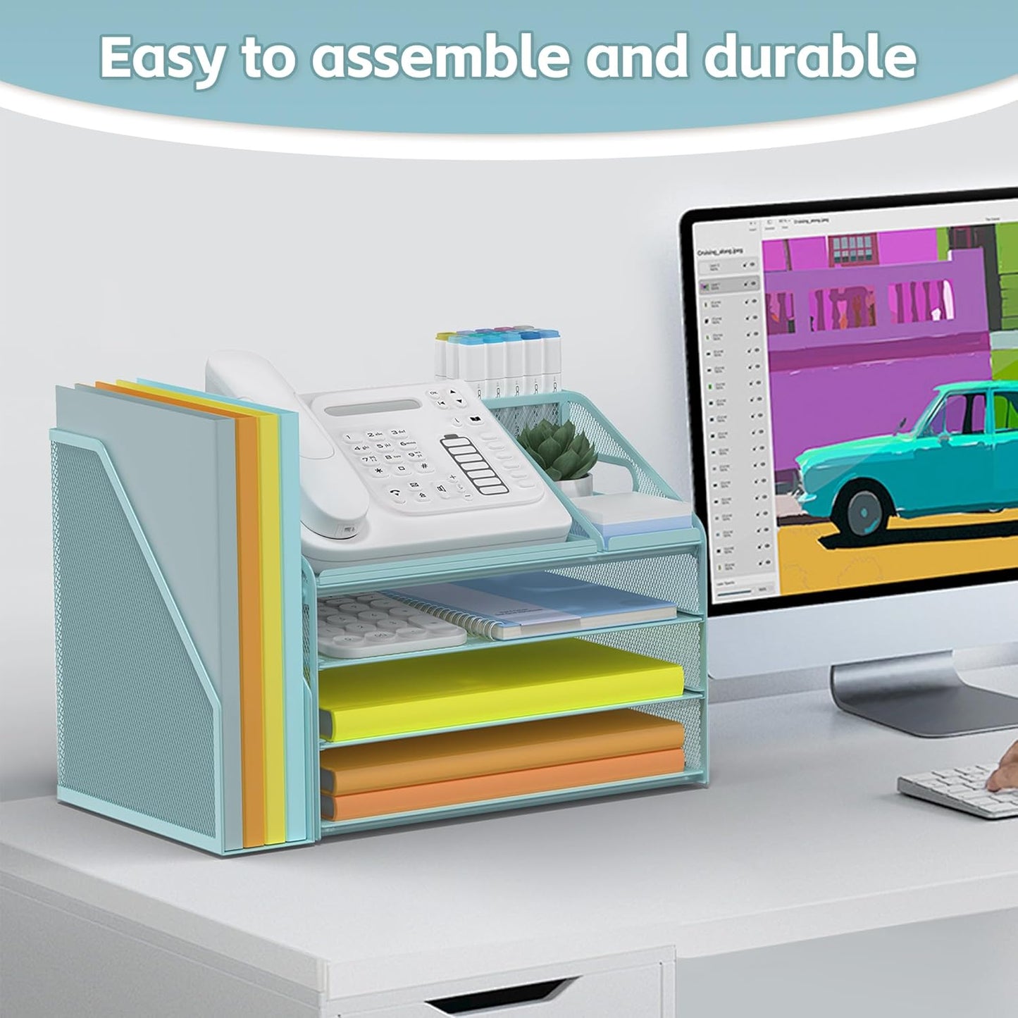 DocNest 4 Tier Paper Letter Tray File Organizer, Mesh Desk File with Handle, Workspace Desk Organizers with Pen Holder, Office Organization Storage Accessories - Blue