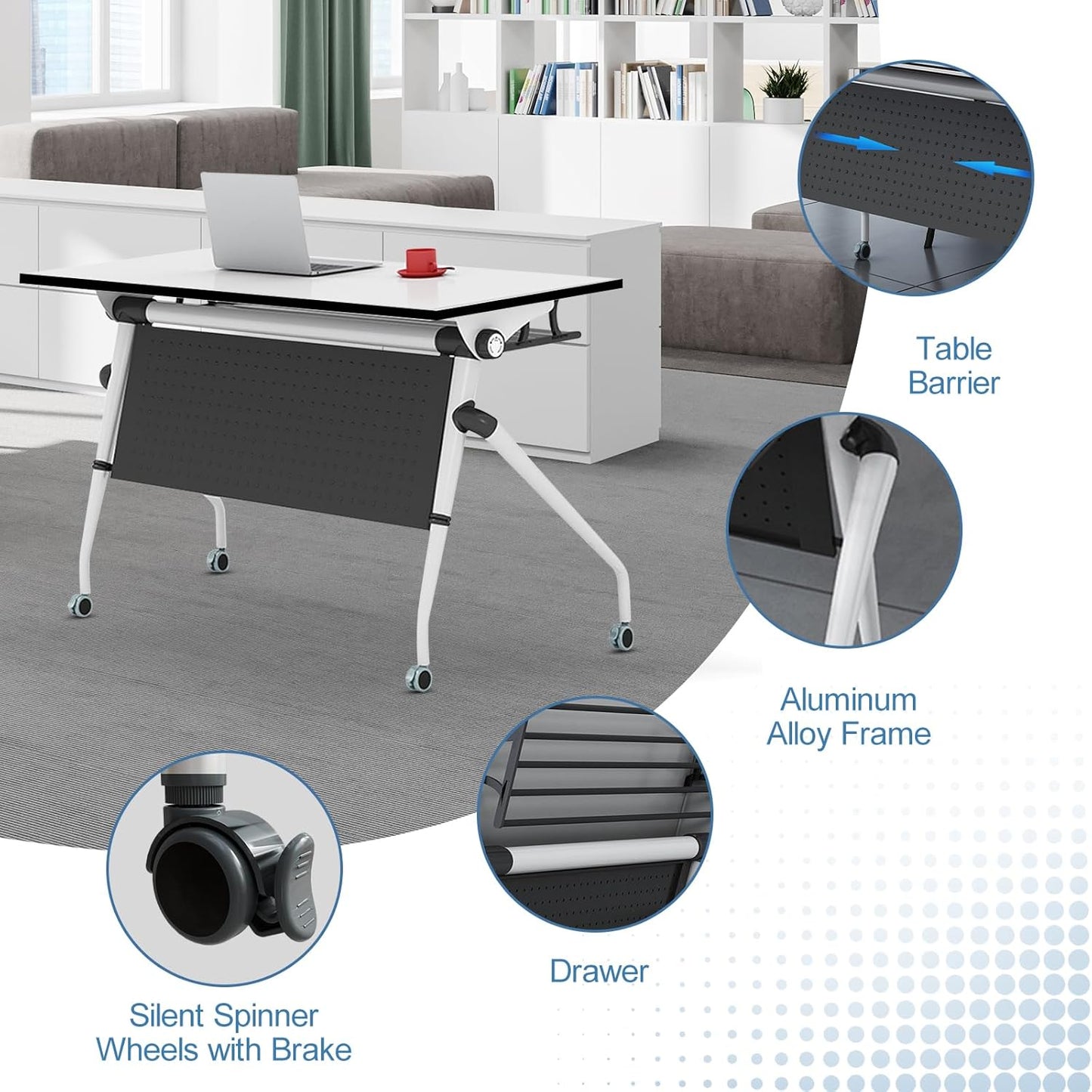 Conference Table, Folding Conference Room Tables, Mobile Training Tables with Silent Wheels, Large Rectangular Modular Seminar Table Office Computer Desks for Classroom White (2Pack L70.9in)