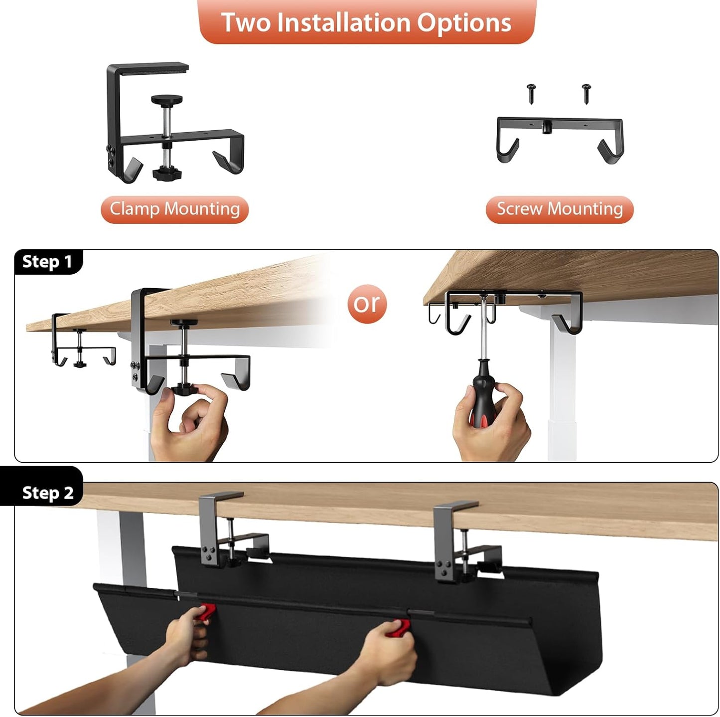 Univivi No Drill Under Desk Cable Management Tray, 28" Cord Organizer for Table, Clamp/Screw Mount Desk Cable Management, Premium Fabric Cable Management Tray for Office, Home