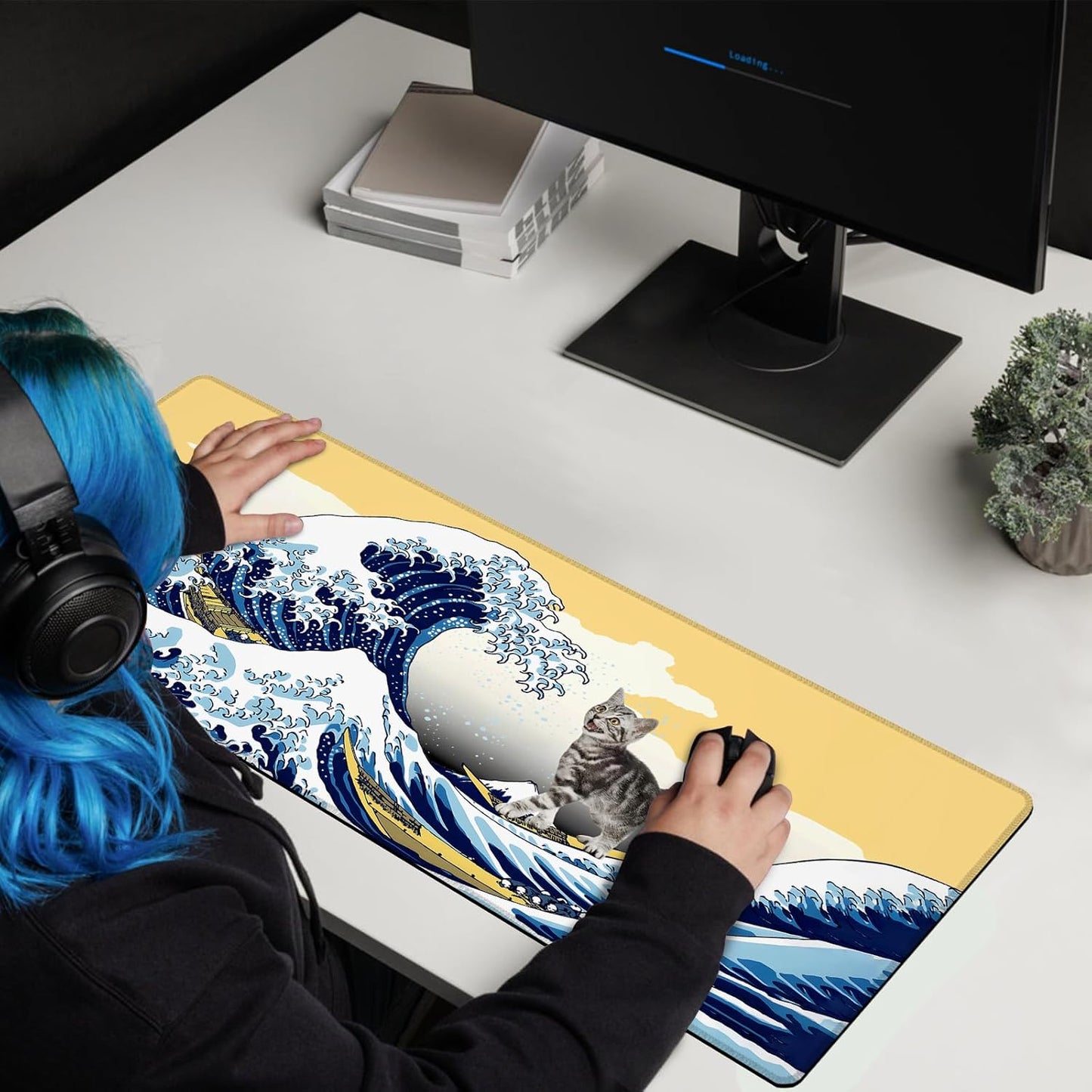 Funny Cat Surfing The Great Wave Off Kanagawa Mouse Pad - Large Non-Slip Desk Mat for Office, PC, Laptop - 31.5"x11.8" x 3mm