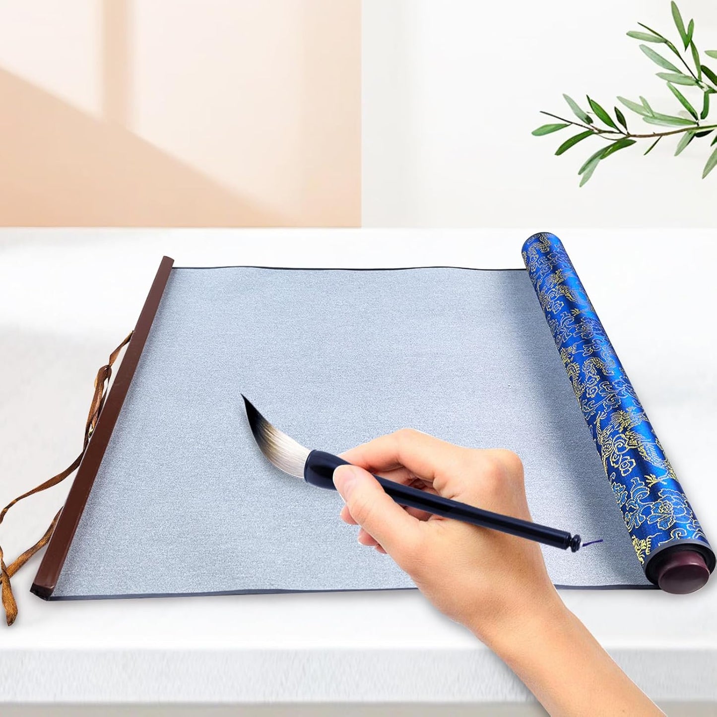 Flylin Calligraphy Cloth,Reusable Chinese Calligraphy Practicing Tool,Magic Water Painting Paper,Water Writing Cloth Scroll for Beginners Practice(Blue,55.1"x15")