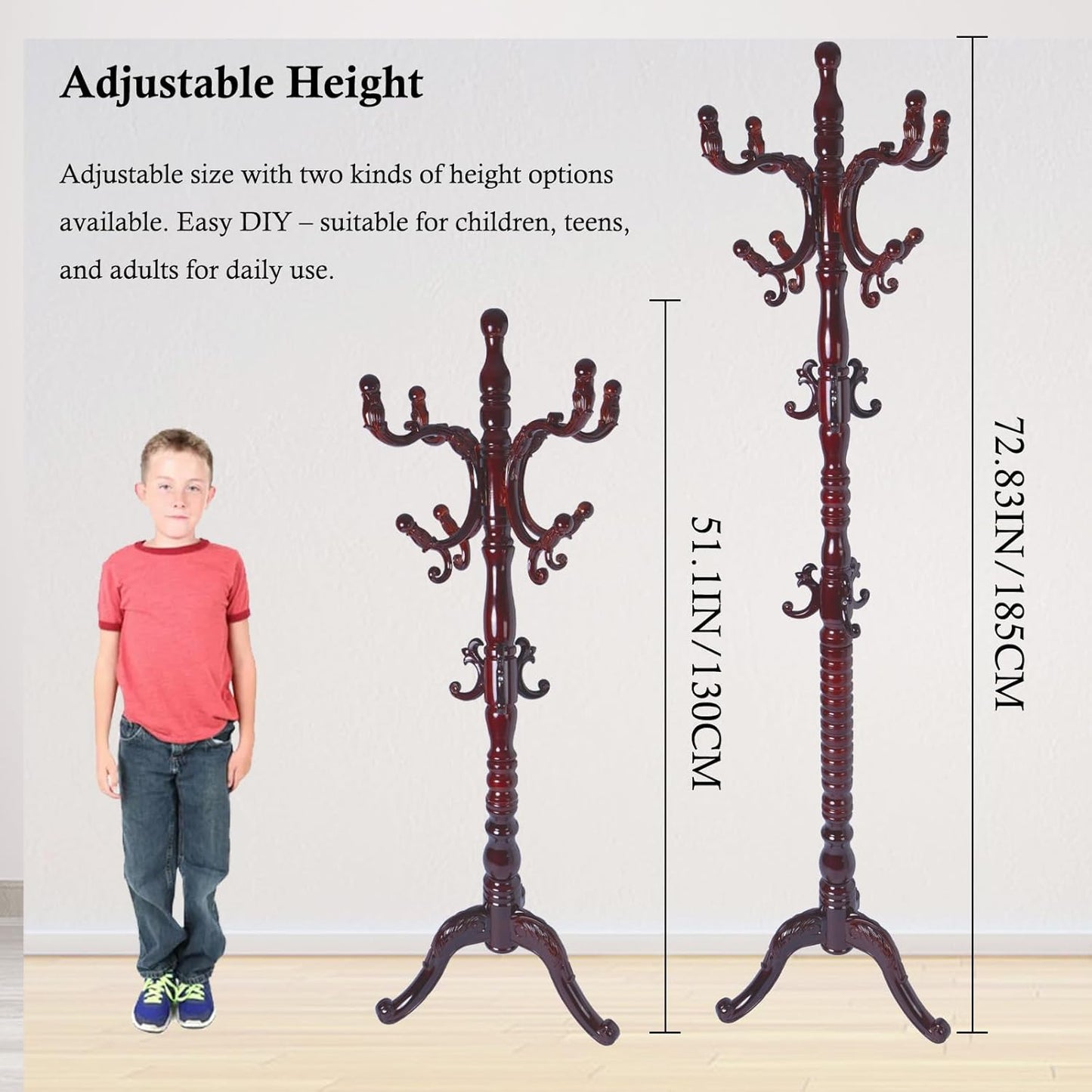 Coat Rack Stand, Solid Wooden Coat Tree with 14 Hooks, Heavy Duty Coat Rack Freestanding with Sturdy Round Base, Natural Birch Wood Coat Hanger Stand for Entryway Bedroom (Triangle Redwood)