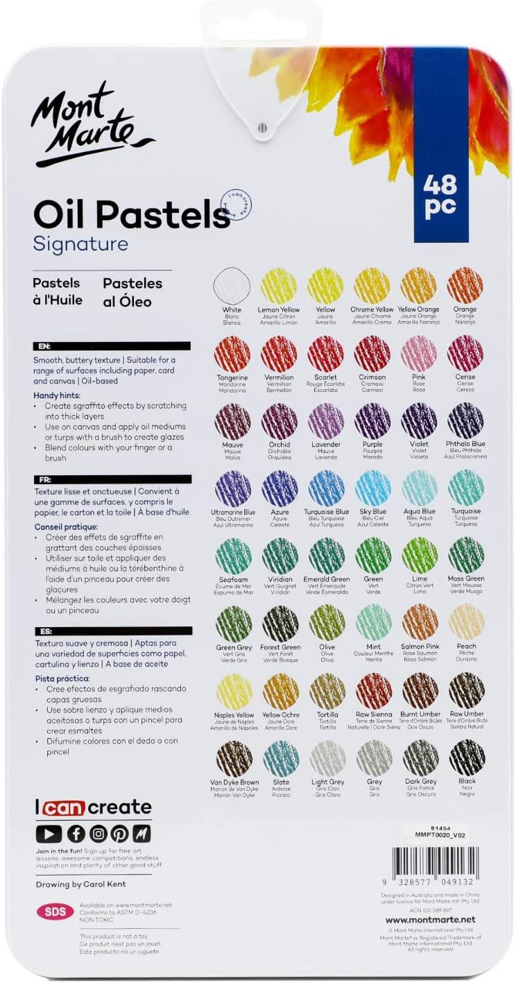 Mont Marte Oil Pastels in Tin Box Signature 48pc, 48 Assorted Colors, Vibrant Oil Pastel Set, Great Blending and Layering, Comes in Storage Case, Ideal for Art, Craft, Coloring and Sketching