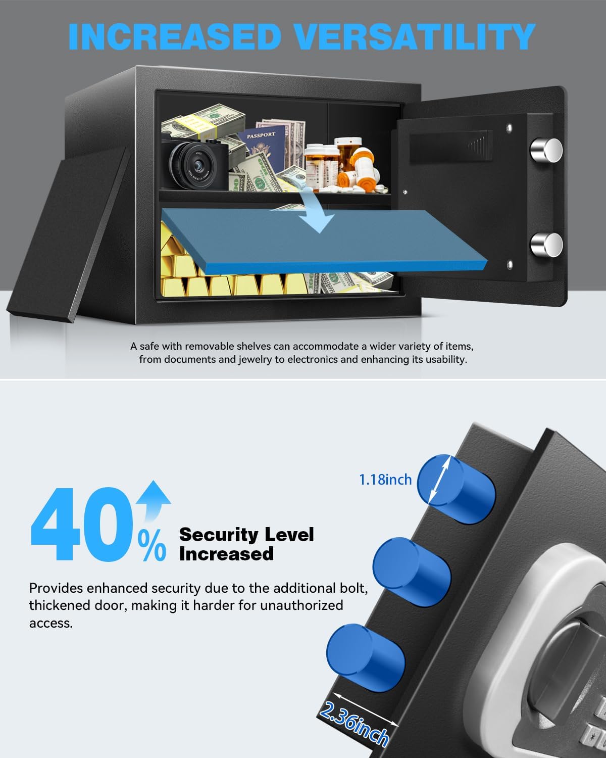 Medium Safe Box for Home - 2.0 CuFt Mountable Cabinet with Motion Light & Dual Alarm, Digital Keypad & Override Key, Removable Shelf - Secure Black Storage for Money, Files, and Valuables