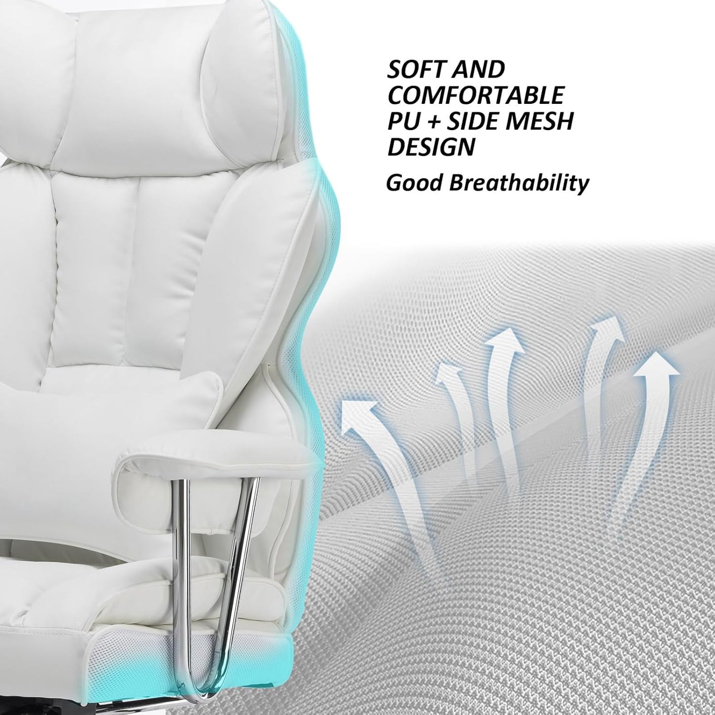 Efomao Big and Tall Office Chair 400lbs – High Back PU Leather Executive Chair with Lumbar Support, Footrest, Swivel Base, Padded Armrests, and Rolling Wheels for Home Office, White Computer Chair