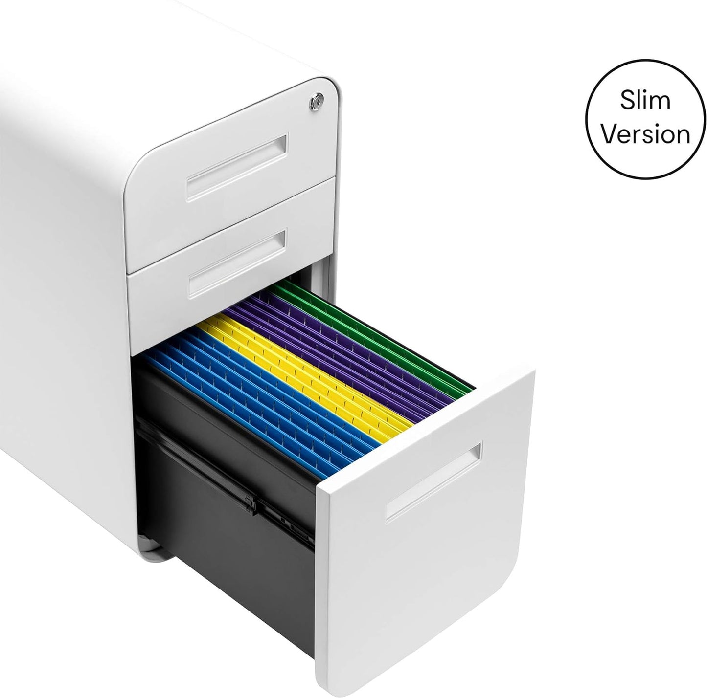 Laura Davidson Furniture Stockpile Slim 3-Drawer Mobile File Cabinet with Lock - Under Desk Metal Filing Cabinet, Legal/Letter File Folders, Wheels and Stationary Feet, Pre-Assembled, White