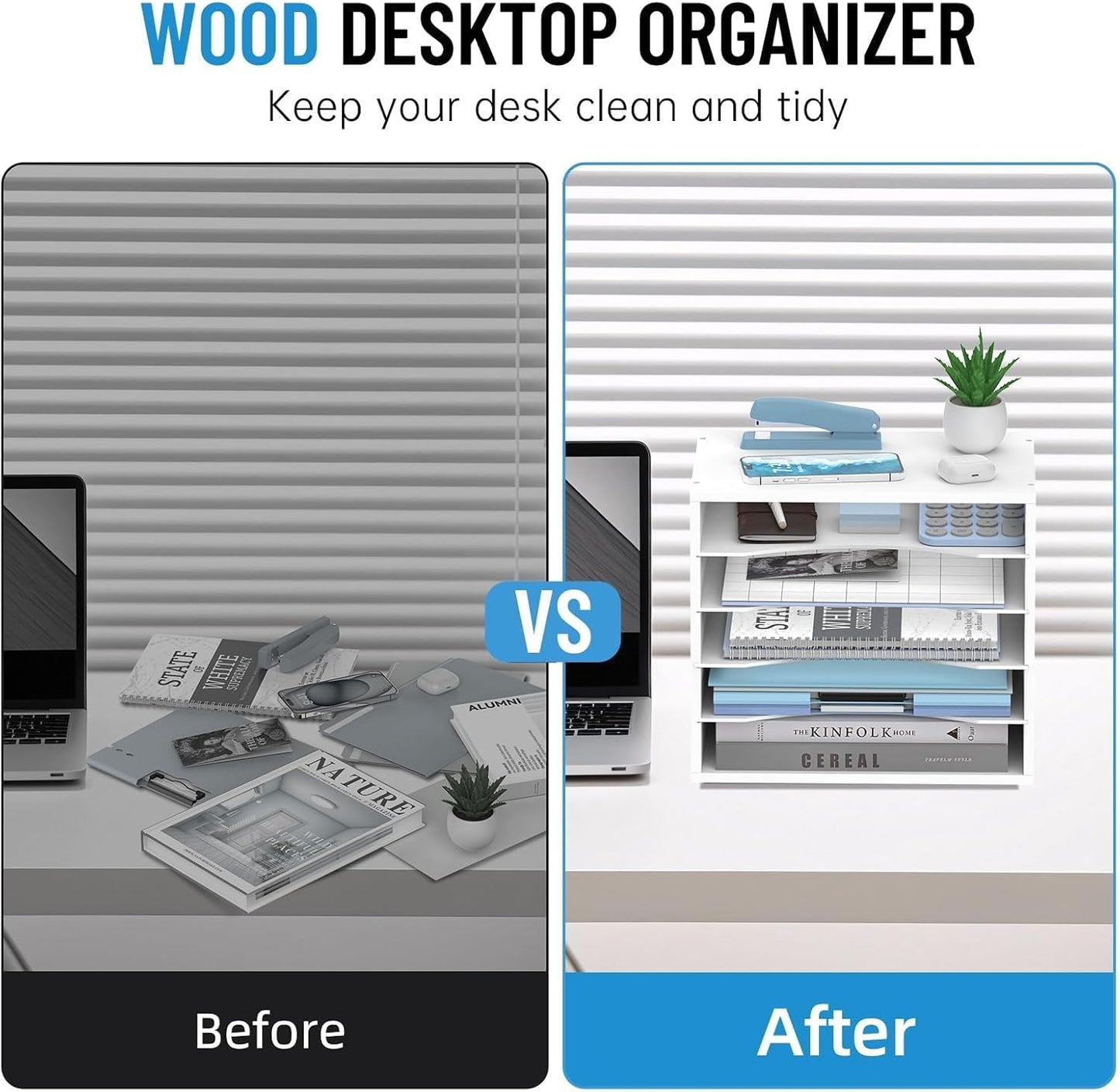 5-Tier Wood Desk Organizer, Paper Tray Organizer for Desk with Adjustable Storage Shelves, Desktop Paper Sorter Mail Holder for Office Home Classroom, White