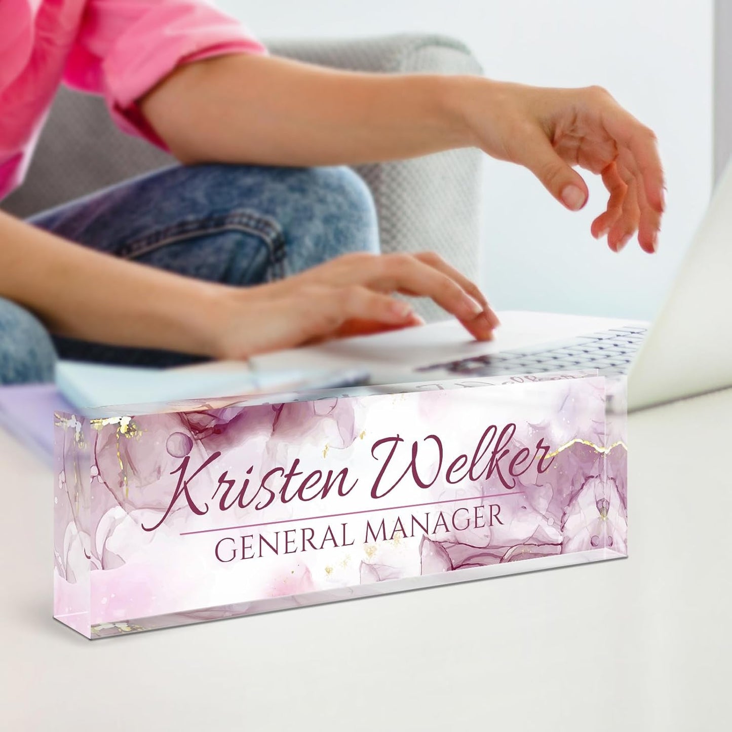 Name Plate for Desk, Desk Name Plate Personalized, Office Decor for Women Men, Acrylic Desktop Accessories, Office Gifts for Boss Nurse Teacher Coworker, Employee Appreciation Gift (Purple Coast)