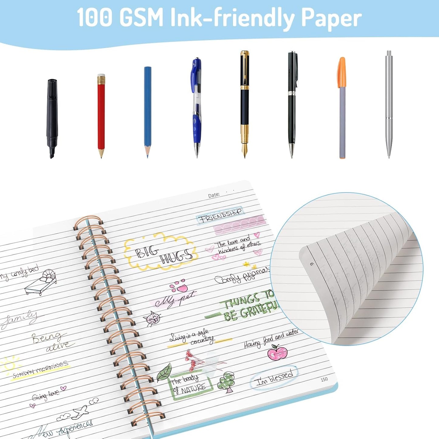 Forvencer A4 Lined Spiral Journal Notebook with 300 Numbered Pages, 11" X 8.5" Thick Journals for Writing with 100GSM Paper, Hardcover Notebooks with Contents for Work, School, Sky Blue