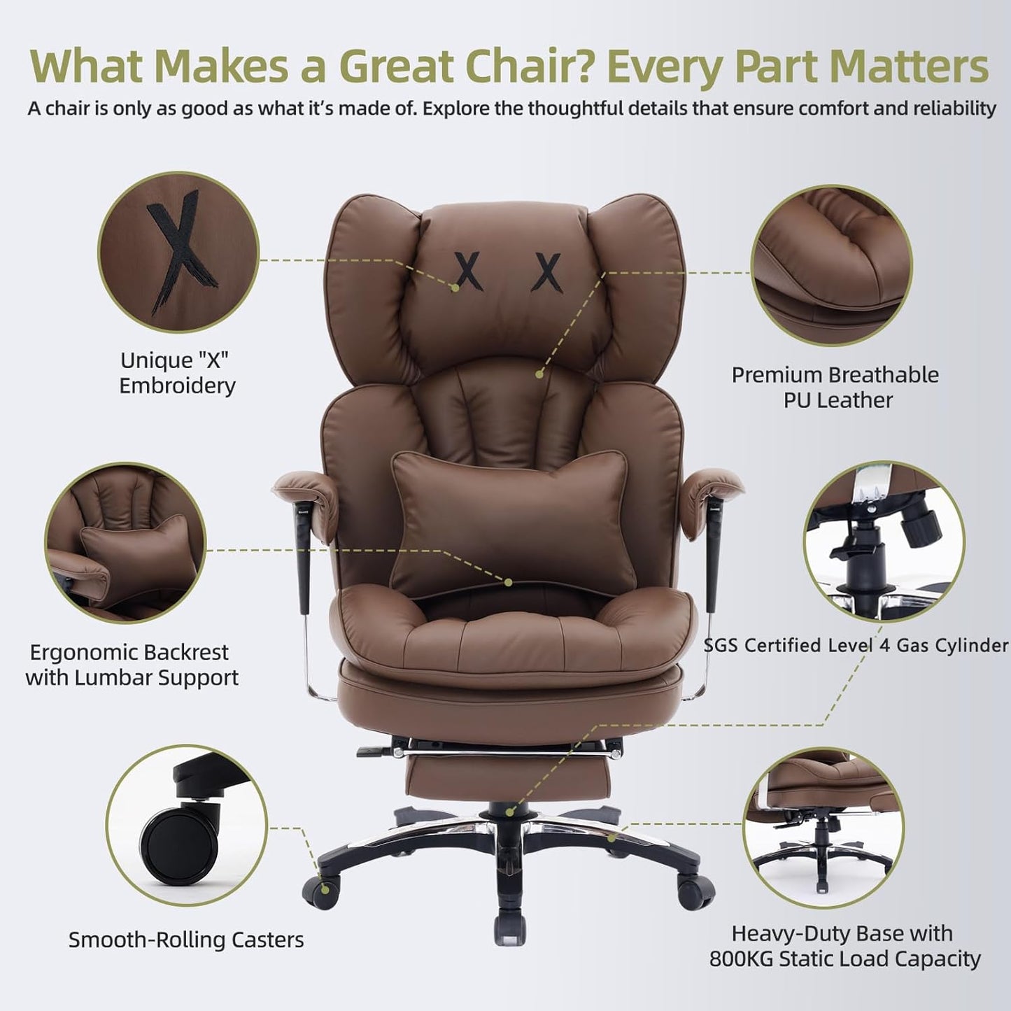 Efomao Big and Tall Office Chair with Footrest – High Back Computer Chair with Adjustable Armrests,Executive Office Chair with Wide Seat, Modern Desk Chair for Home Office, Gaming, or Study, Brown