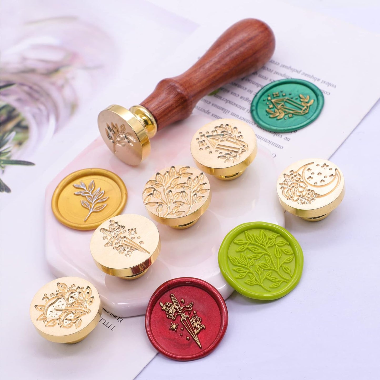 SWANGSA Wax Seal Stamp Set, Vintage 6 Pieces Flower Plant Pattern Sealing Wax Stamp Heads and 1 Wooden Handle for Wedding Greeting Cards Gift (Botanical Set)