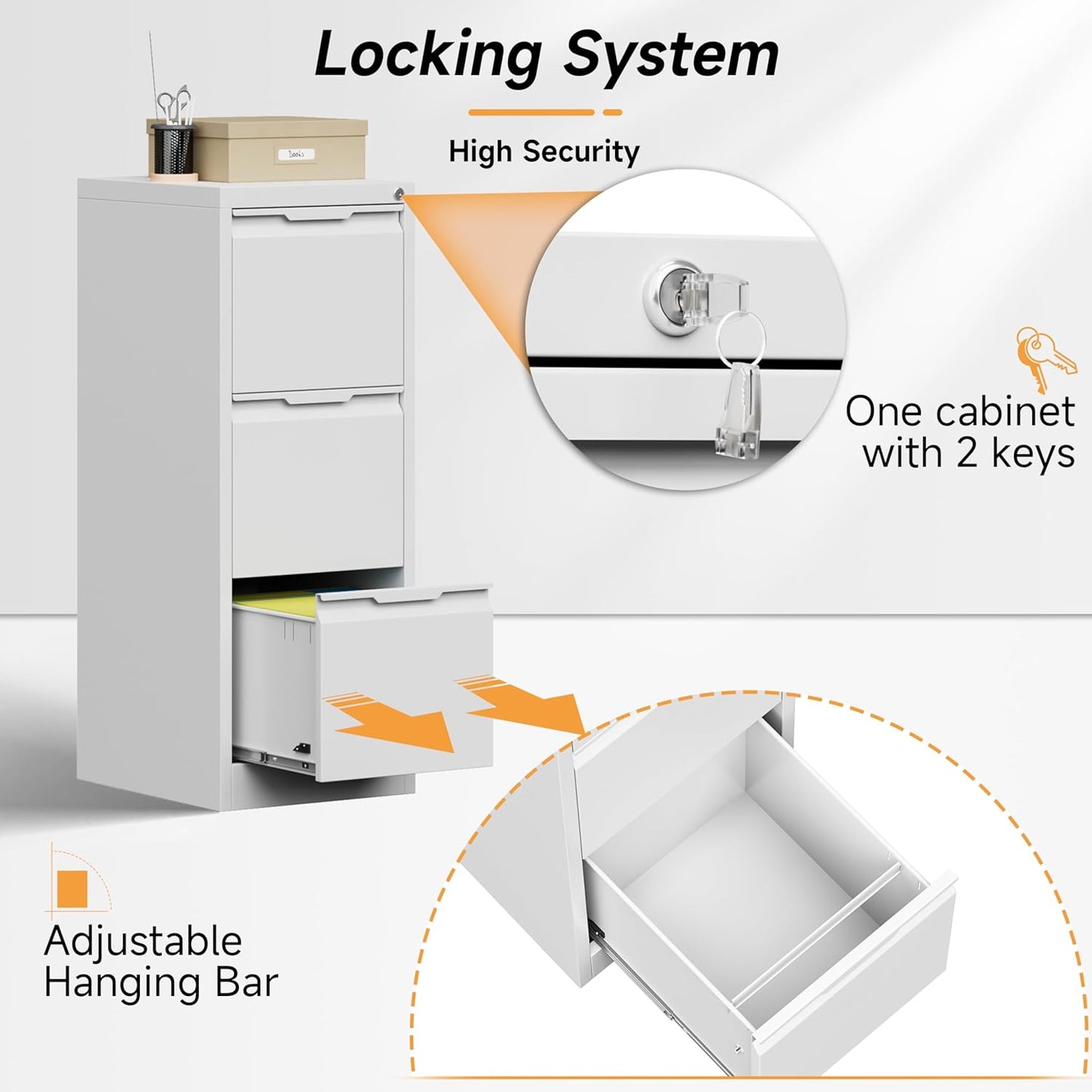 Bestoo 17.8" D File Cabinet, 3 Drawer Metal Filing Cabinets with Lock, Locking Vertical File Cabinet for Letter/Legal/A4/F4 Size, Easy Assemble (White)