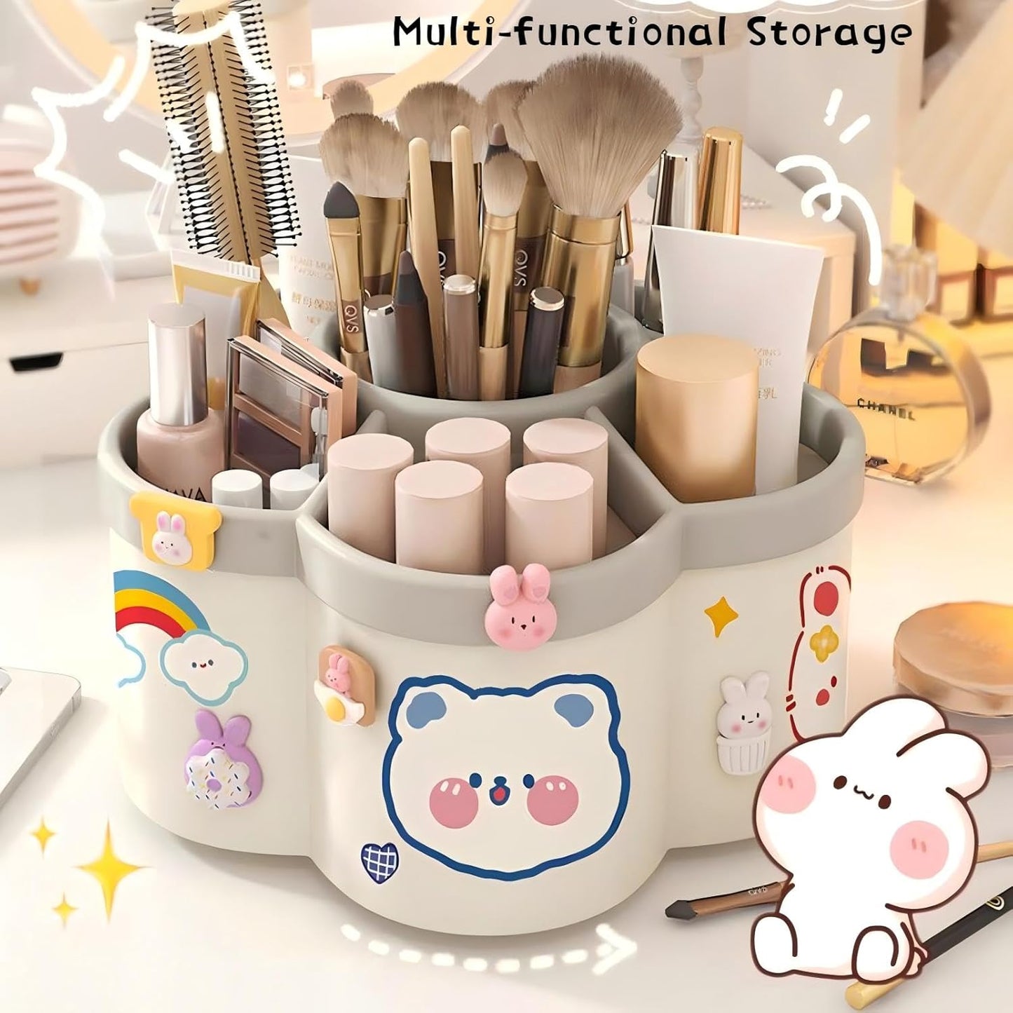 Pen Holder for Desk, 360°Rotating Pencil Pen Holder,Pen Organizer with 6 Slots, Large-capacity Desk Organizer,Office, School, Home Use (Beige)