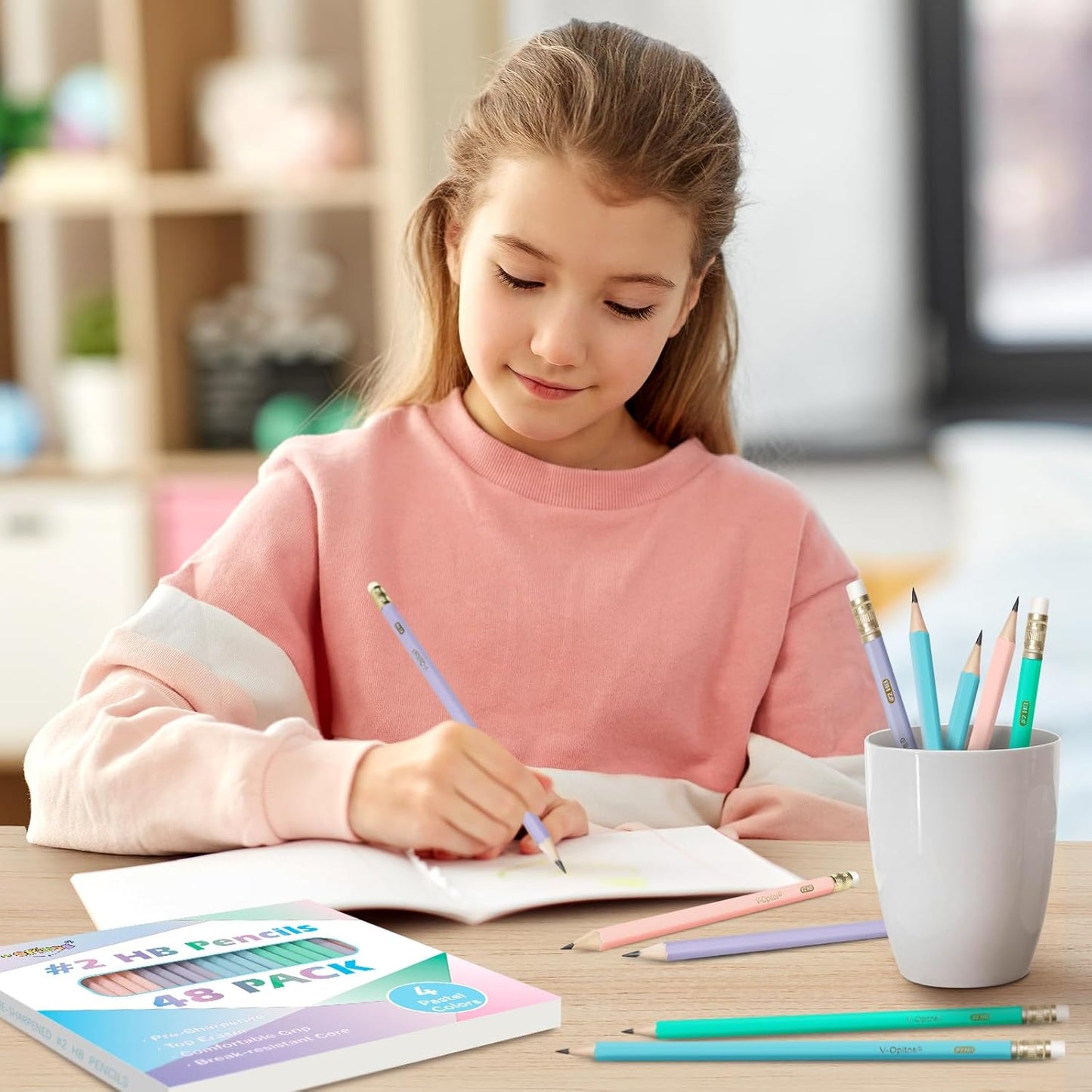 V-Opitos Wood-Cased #2 HB Pencils, 48 Pack Pre-Sharpened Pencils with Top Erasers, Bulk Pastel Color Pencils for School Teacher Supplies, Writing, Drawing and Sketching