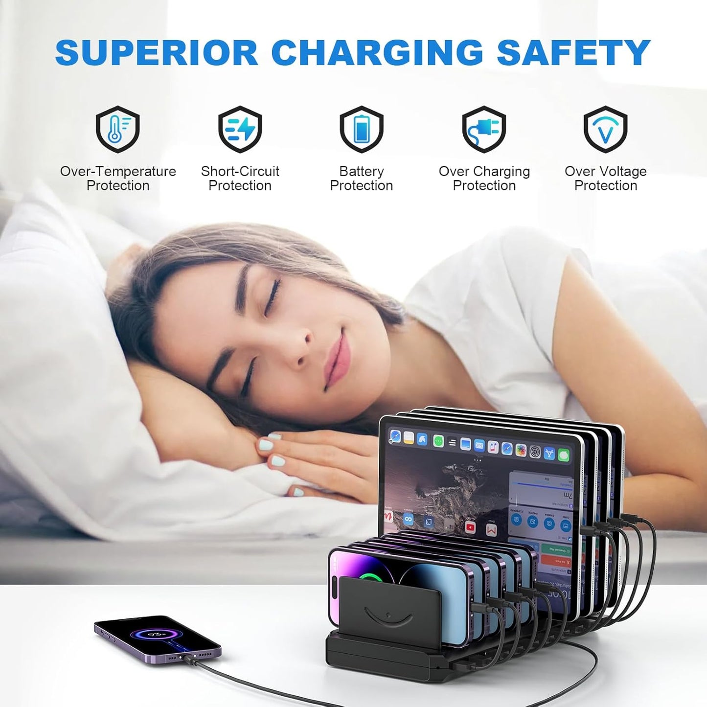 Charging Station for Multiple Devices, Cinlinso 60W 10 Port USB Fast Charging Station with Adjustable Dividers, Compatible with iPhone, iPad, Tablets and Cell Phone (Black)