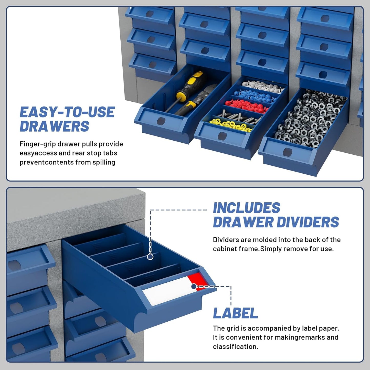 60-Drawer Parts Storage Cabinet, Multi-Purpose Organizer for Screws, Bolts, Nails, Craft Supplies, Legos, Tools, Compact Plastic Drawer Unit, Hardware Organizer for Garage, Workshop, Classroom