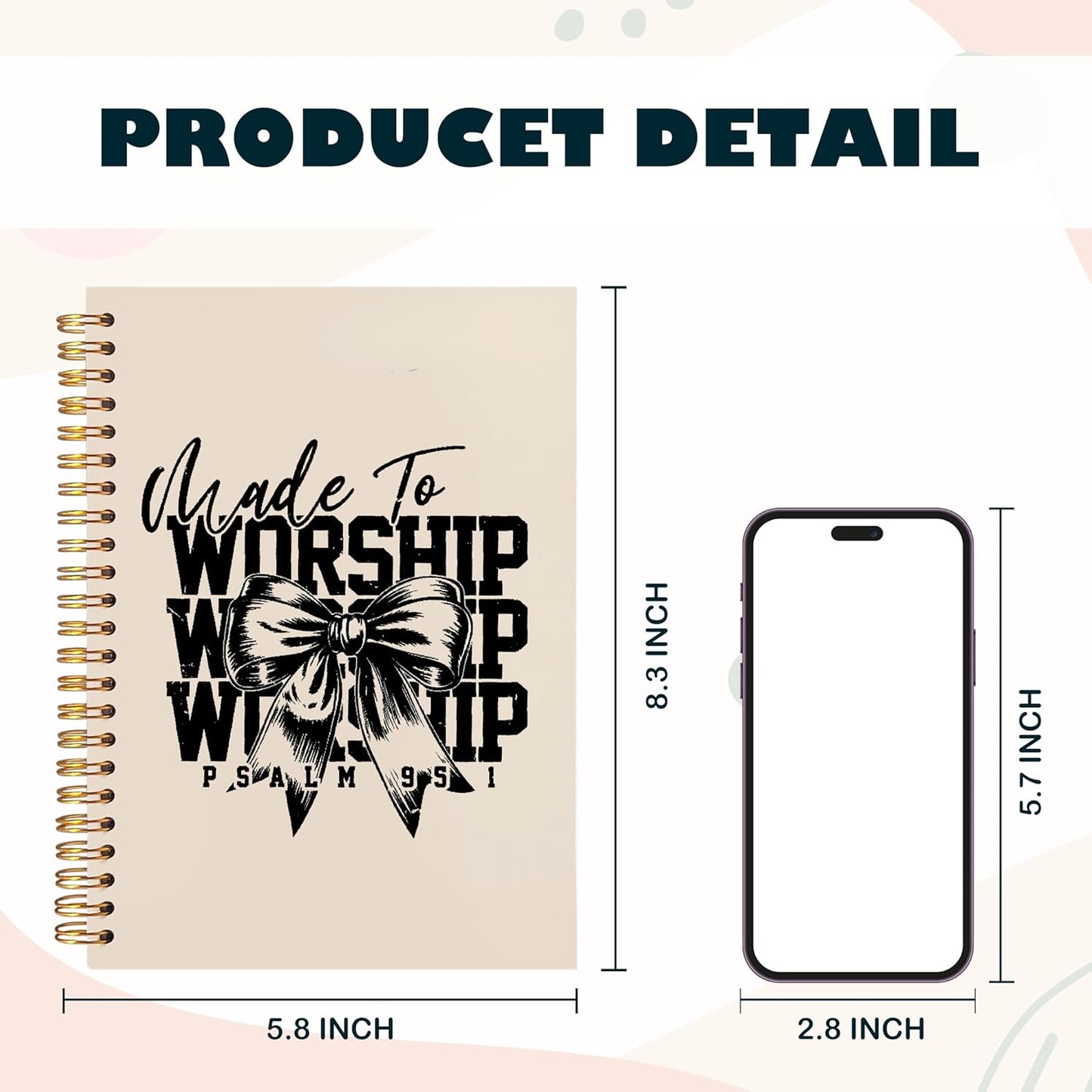 BearCake Christian Coquette Bow Notebook Journal, Made to Worship Prayer Journal for Women, Preppy Christian Gifts for Women, Bible Journaling Neutral Hardcover Spiral Notebook 5.5x8.3