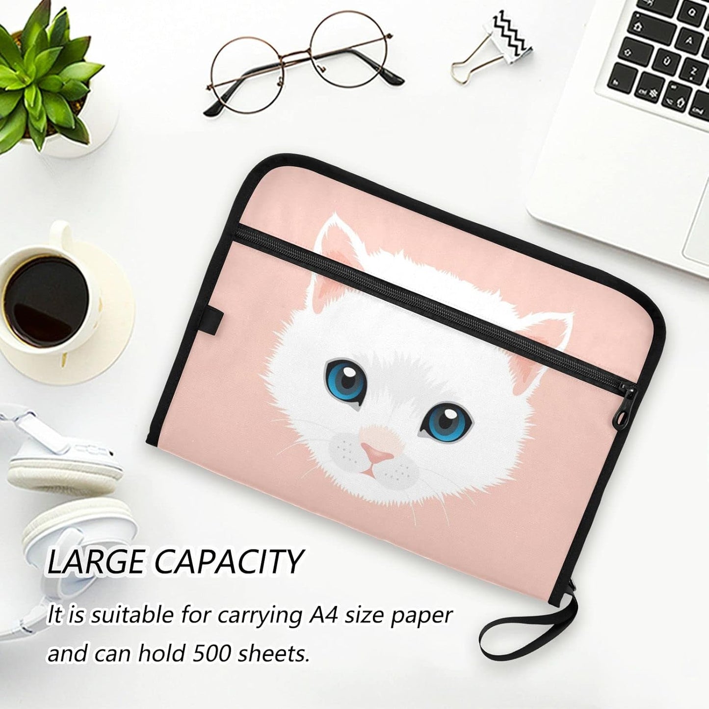 White Persian Cat Expanding File Folder 13 Pockets with Zipper Cute Dog Expandable Filing Folders Accordion Document Files Organizer for A4 Letter Size Paper