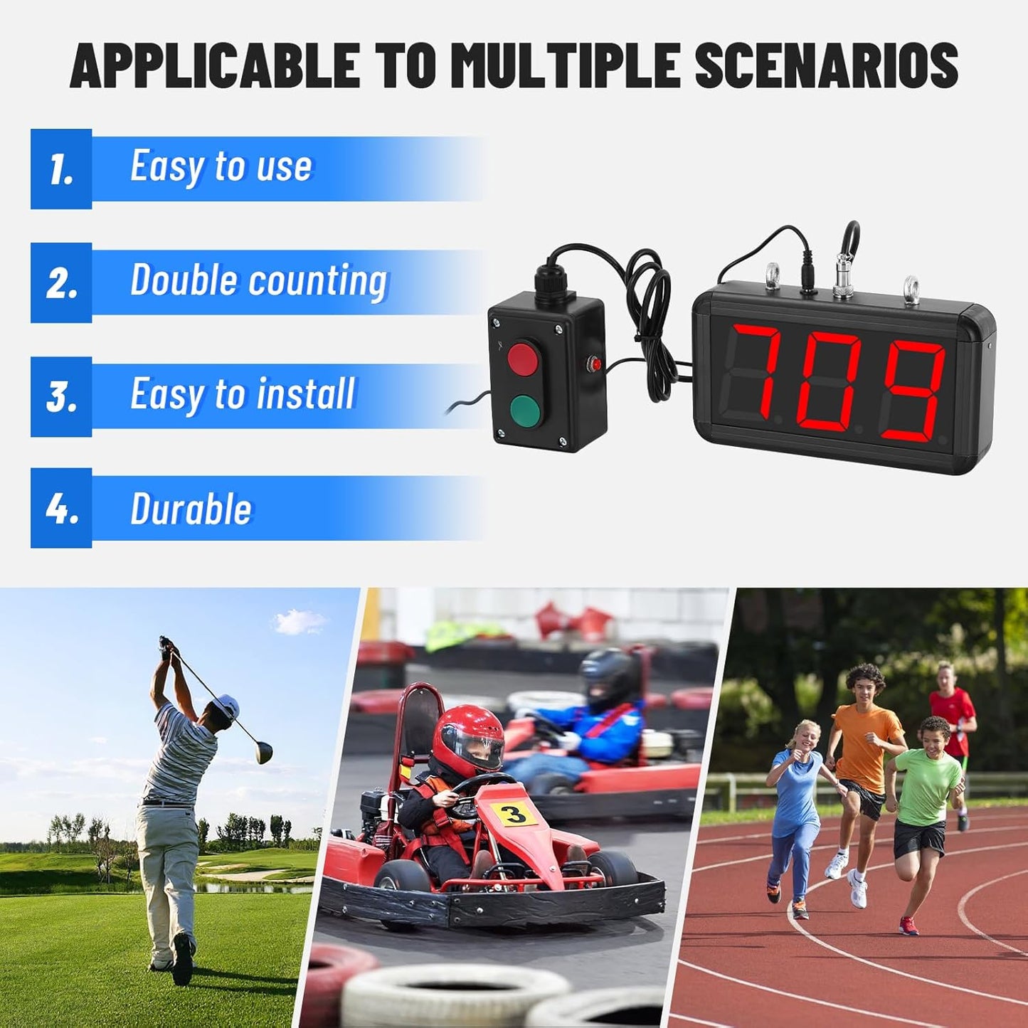 JIAWANSHUN Digital Lap Counter 3.5 inch,Electronic Counter with High-Contrast LED Display, Up/Down Counting & Custom Initial Value, Durable Aluminum Frame for Sports&Golf&Kart Racing