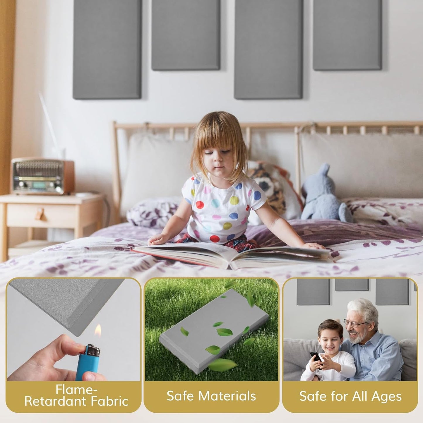 TONOR 4 PCS Large Acoustic Panel, 35.4″ * 11.8″ * 2.36″ 3D Fiberglass Sound Proof Panel with Full Self-adhesive, Decorative Echo Absorbing Wall Panel, for Studio, Living Room, Home, Office, Grey