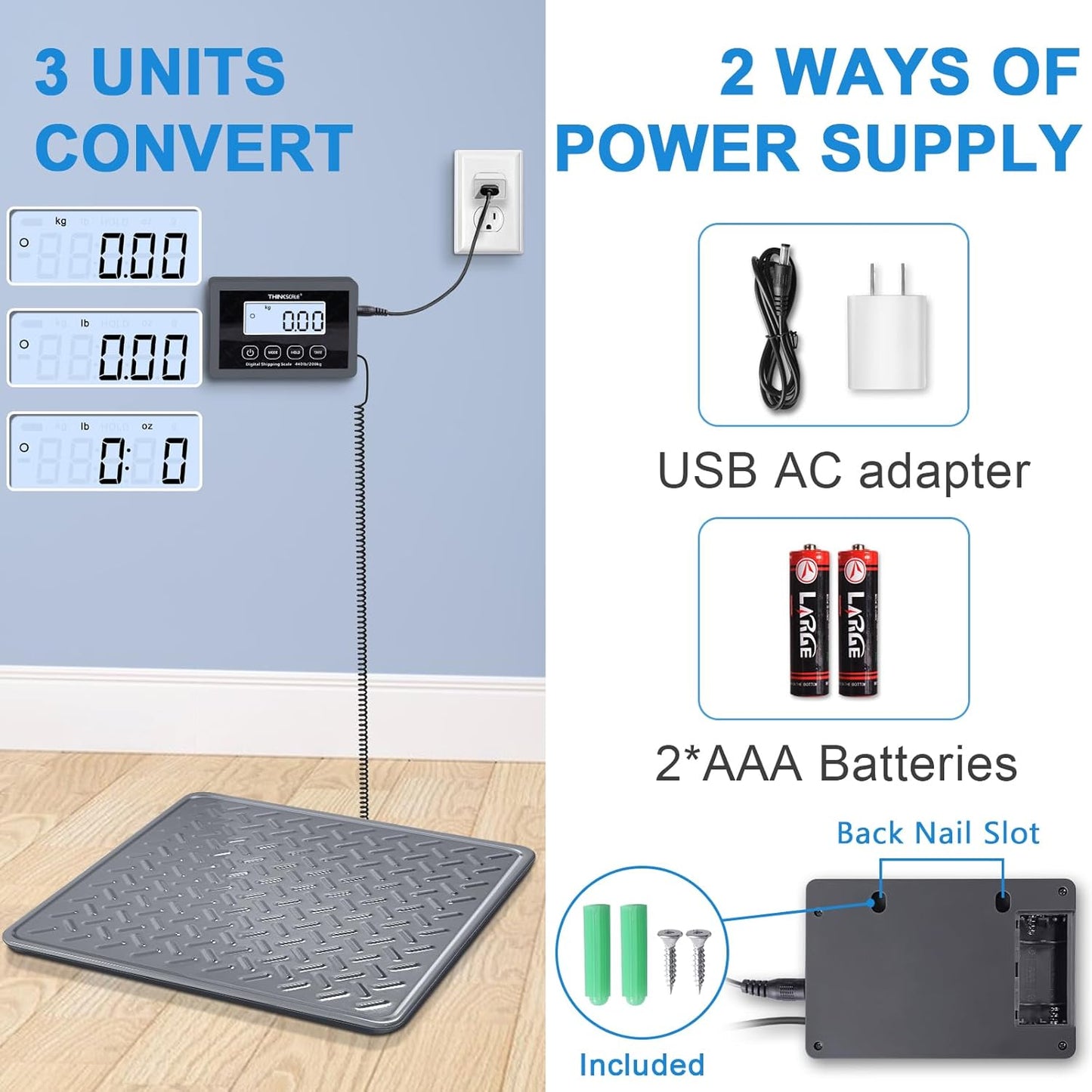 THINKSCALE Shipping Scale, 440lb/1oz Digital Heavy Duty Postal Scale, Strong Steel Platform, Postage Scale with Hold/Tare/LCD Display, Scale for Packages, Luggage Scale, Battery&AC Adapter Included