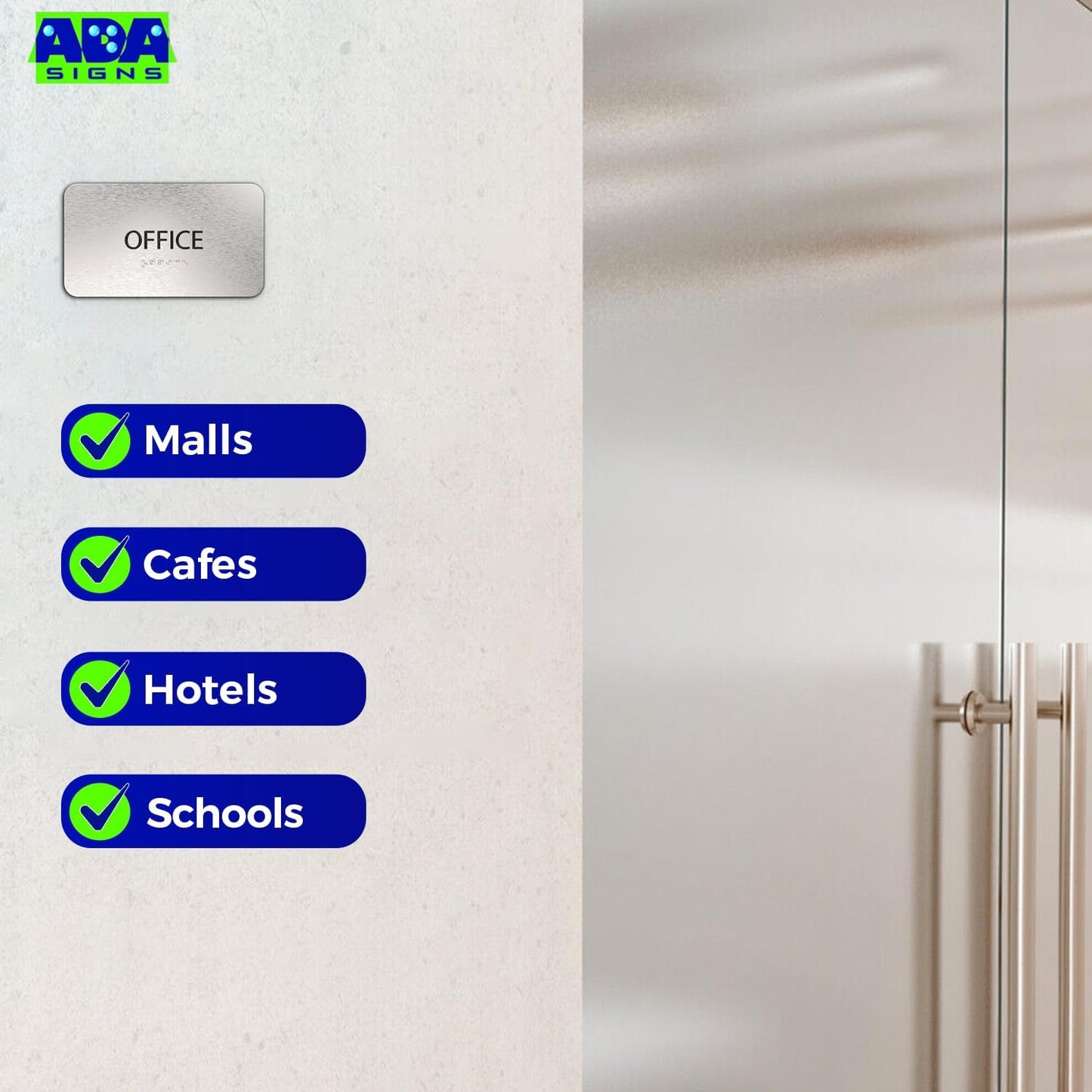 ADASigns Office Sign 7โx4โ - Durable Brushed Aluminum with Grade 2 Braille - Easy Installation with Strong Double Sided Adhesive Tape - ADA Compliant office door signs for Businesses & Offices