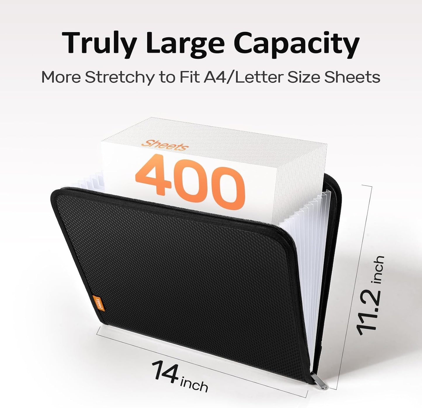 Sooez 13 Pocket Accordion File Organizer, Zipper Expanding File Folder Organizer, Reinforced Plastic Accordion Folder, A4 Letter Size, Portable Folders for Documents, Black