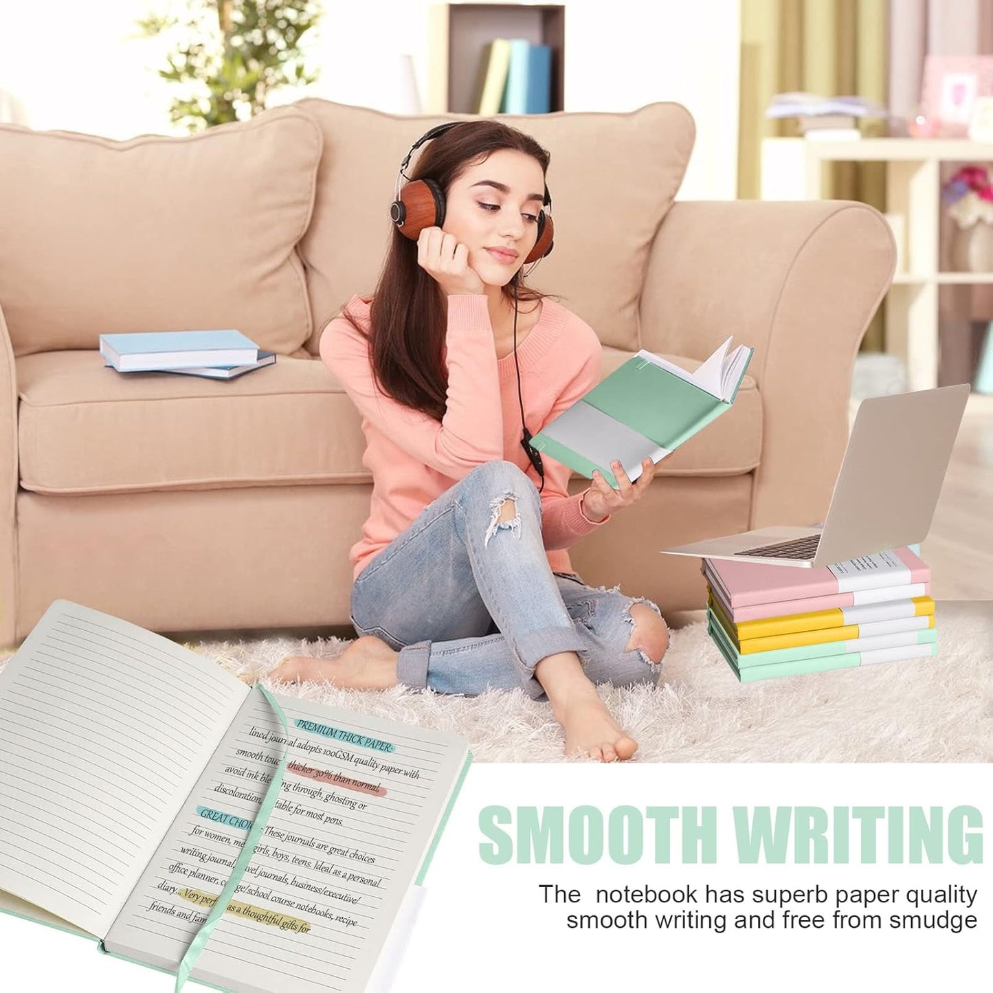 Lined Journal Notebook, (Eggshell Green), 160 Pages, Medium 5.7 inches x 8 inches - 100 gsm Thick Paper, Hardcover