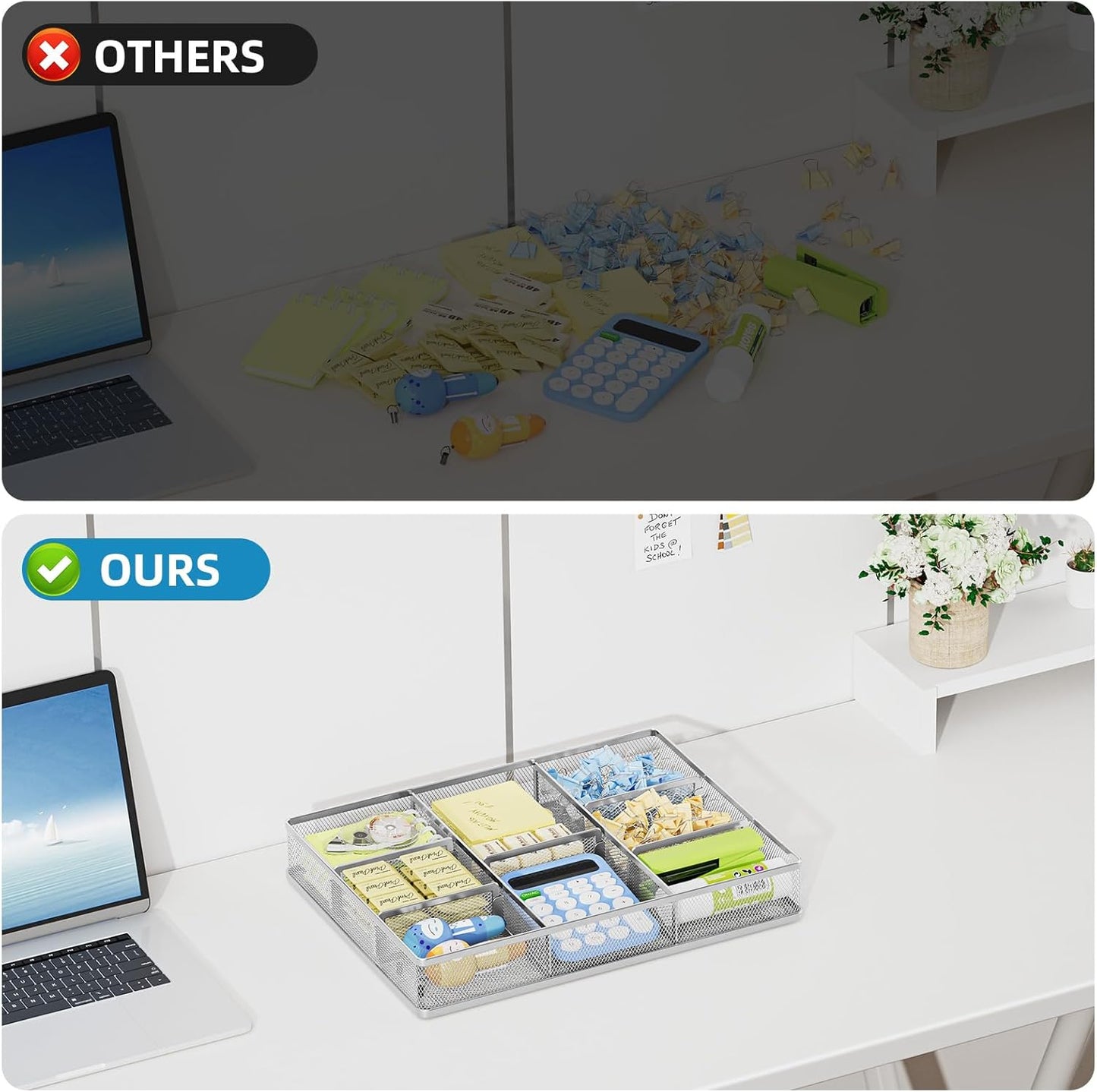 Marbrasse Desk Drawer Organizer, Metal Mesh Drawer Organizer Tray with 5 Adjustable Compartments,Desk Organizers and Accessories for Home,Office,Kitchen,Makeup,Vanity (Silver)