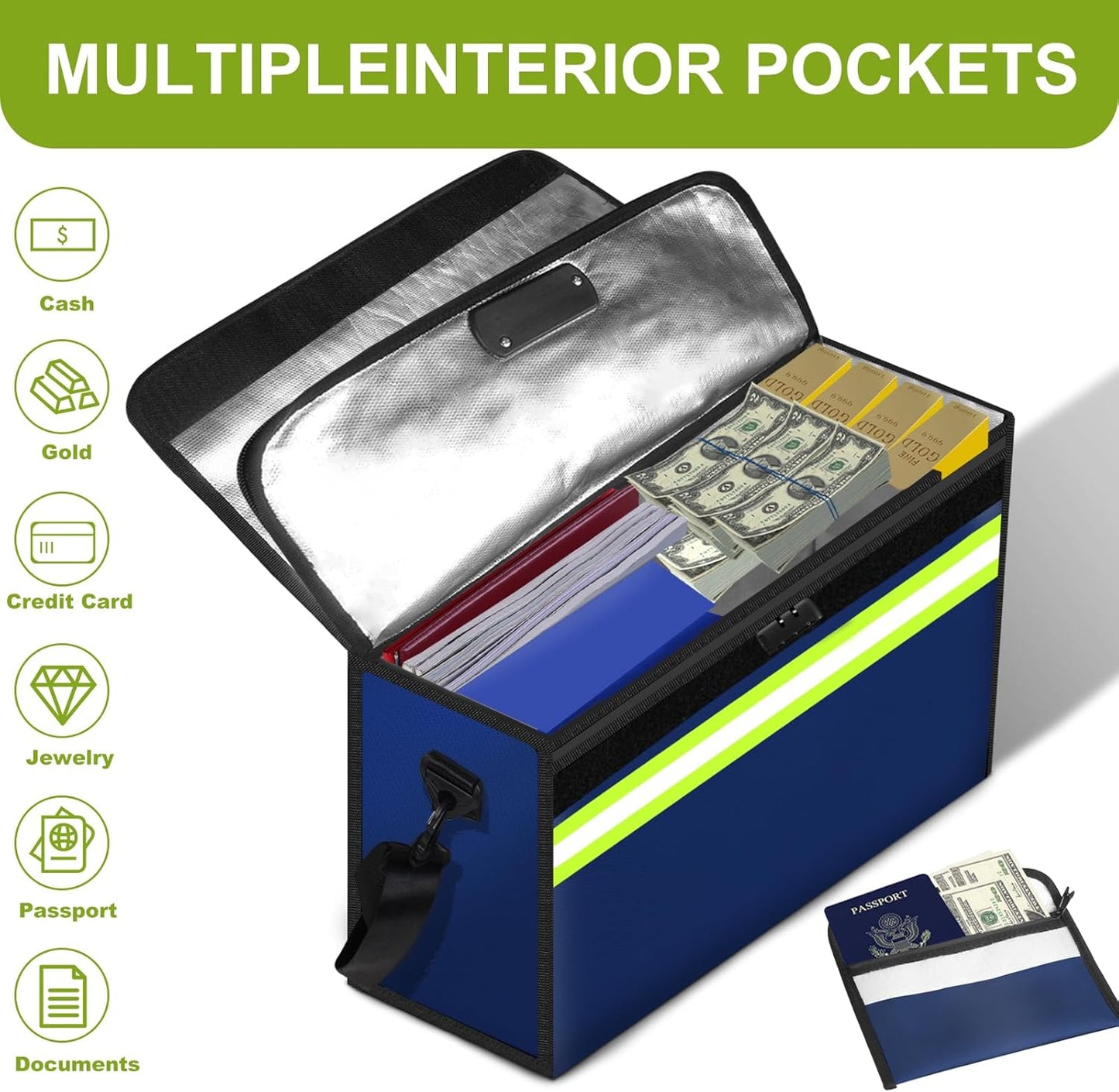 Fireproof Money Bags with Lock-6500°F Fireproof Document Box,10 Layers Insulation Materials&Waterproof Zipper,Removable Folder Layers/Wallet,Reflective Strip for Cash,Valuables(14.2”x 9.6”x 4.1”)