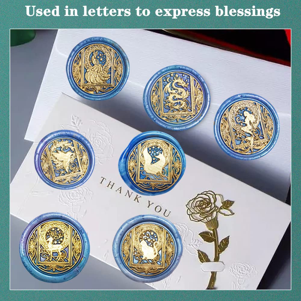 Animal Wax Seal Stamp Set with 7 Removable Brass Heads and 1 Wooden Handle - Dragon, Mermaid, Peacock, Cat Designs for Wedding Invitation Envelopes