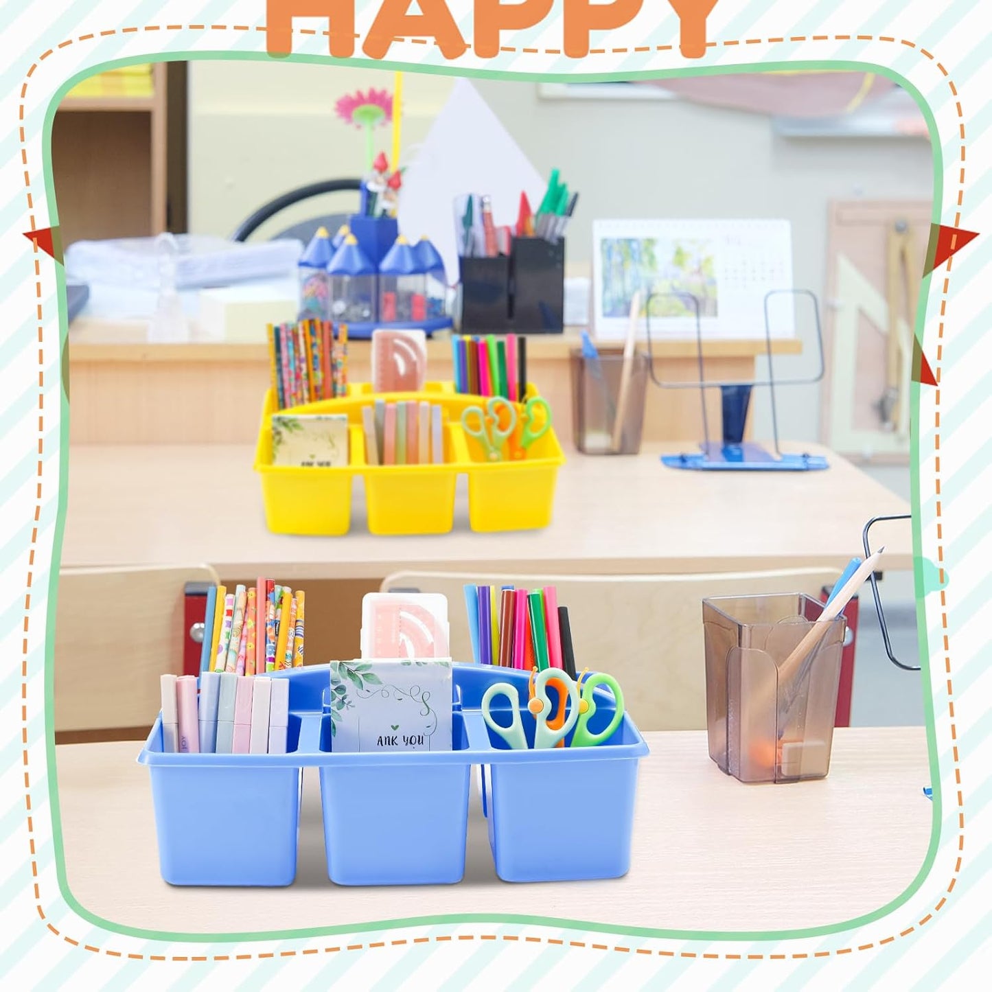 6 Equal Compartment Classroom Caddy, 12 Pack Small Caddy Organizer with Handle Rainbow Colors Plastic Classroom Table Caddies School Supply Organizer for Easy Storage(Rainbow Colors)