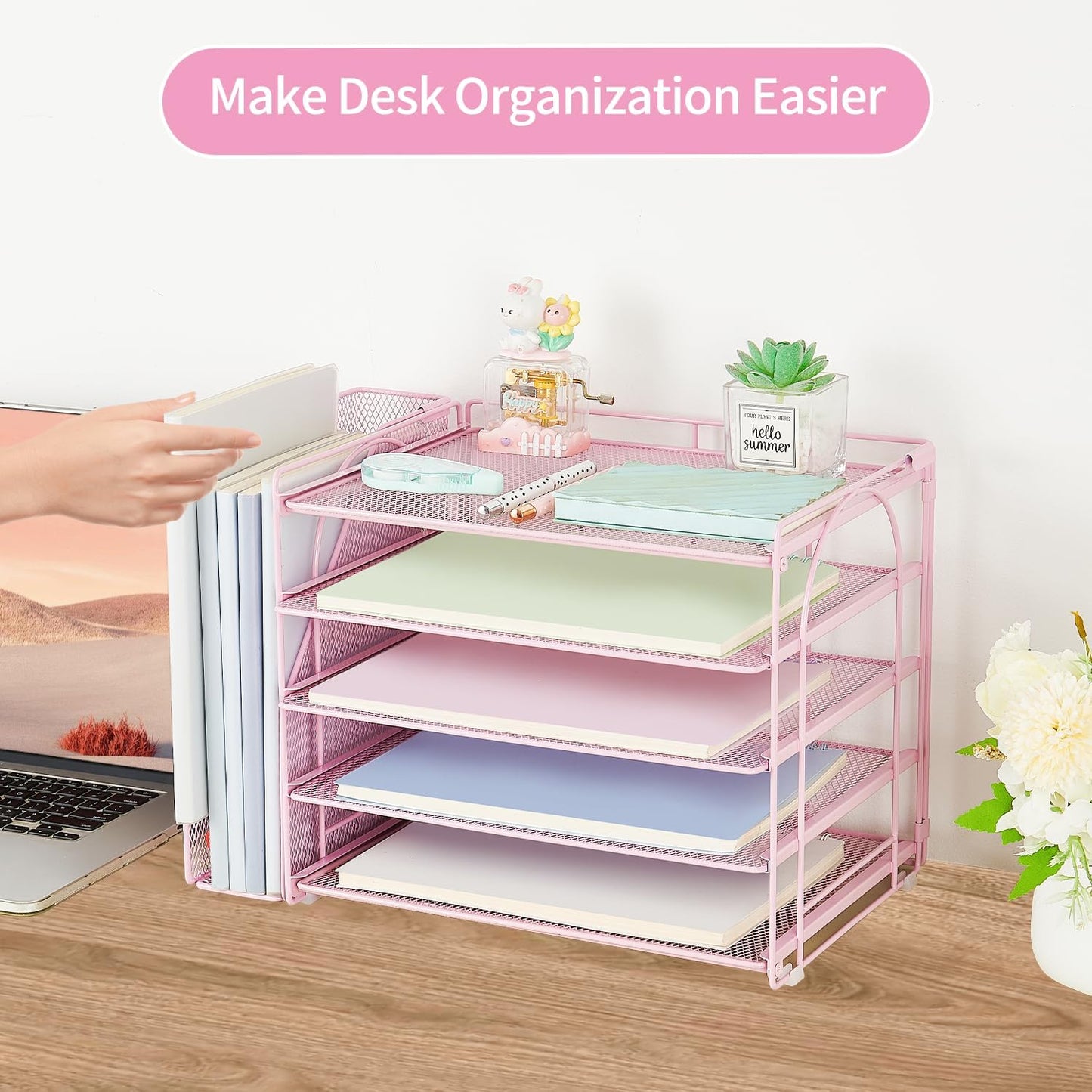 AUPSEN Pink Desk Organizers and Accessories,5-Tier Desktop Paper File Organizer with Adjustable File Holder, Office Desk Accessories for Office Supplies