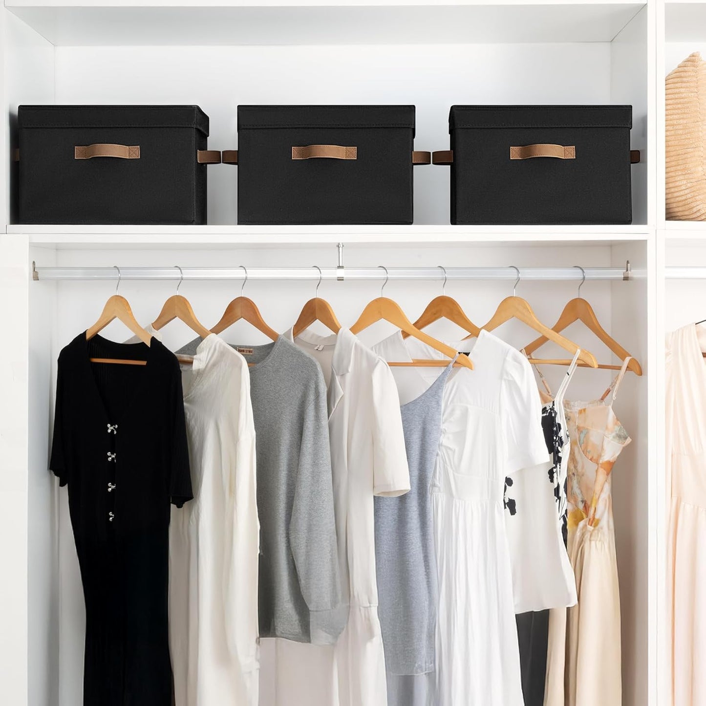 StorageWorks Fabric Storage Bins with Lid, Decorative Storage Boxes for Shelves, Stackable Closet Organizer Basket with Handles, Large, Black, 2-Pack