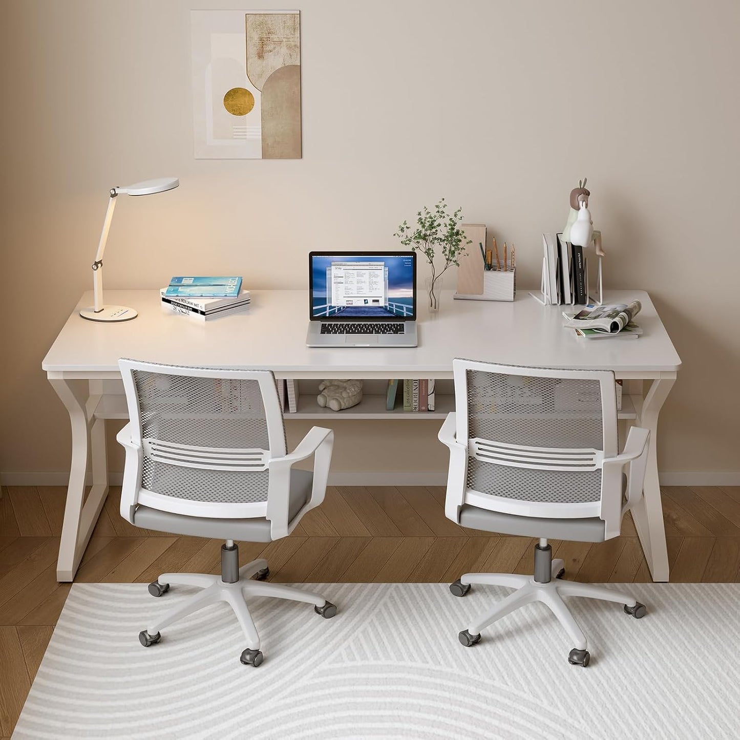 Extra Long Desk with Bookshelf - 63" Double Long Writing Table for 2-Person Workstation, Modern Study Work Computer Desk for Home and Office, Warm White