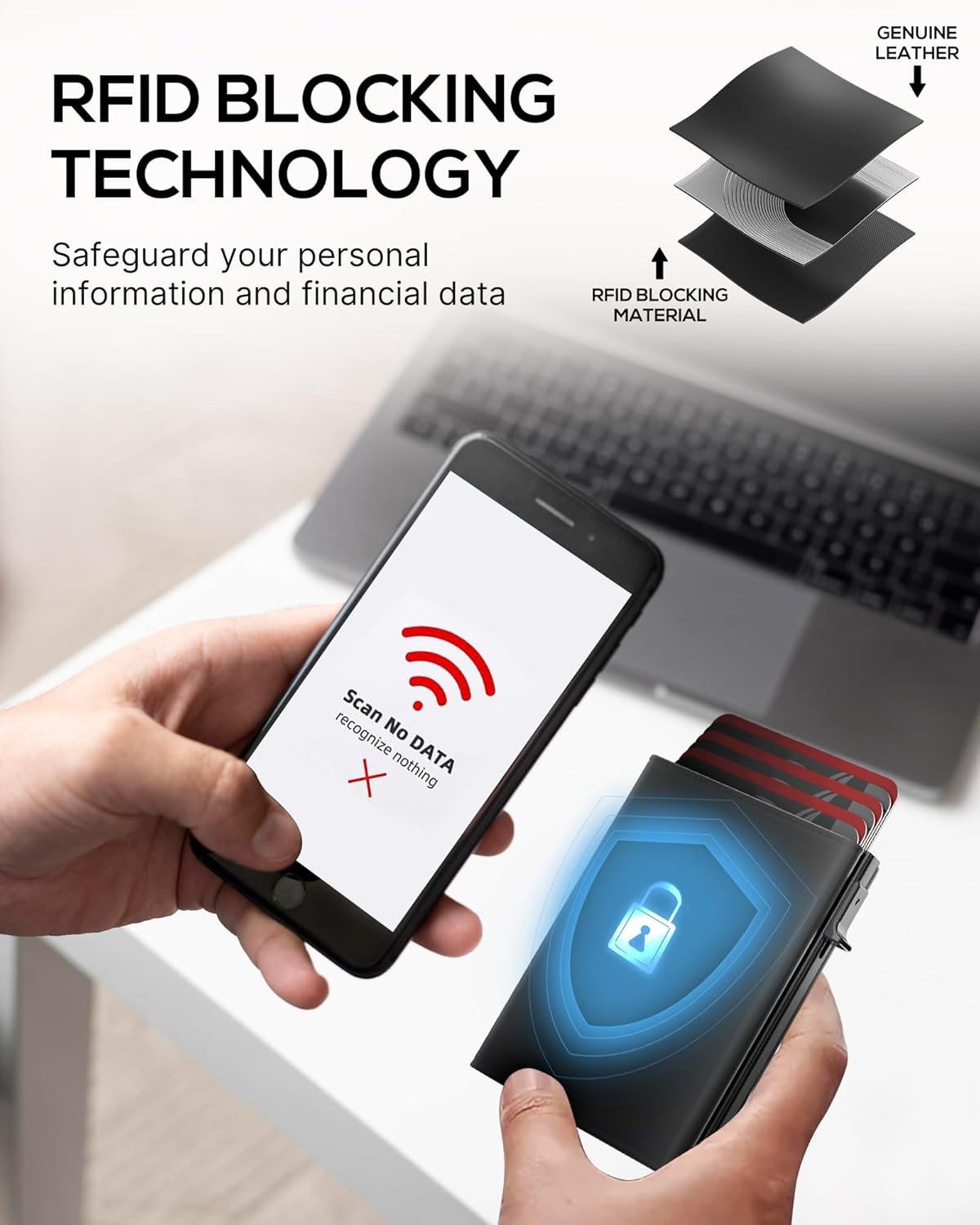 Mens Wallet Card Holder - Smart Wallet for Men, Pop Up Card Case, Top Grain Leather, RFID Blocking, Slim, Minimalist, Ultra Thin, Front Pocket, 9-14 Card Capacity | ID Window | Cash Slot (Black)