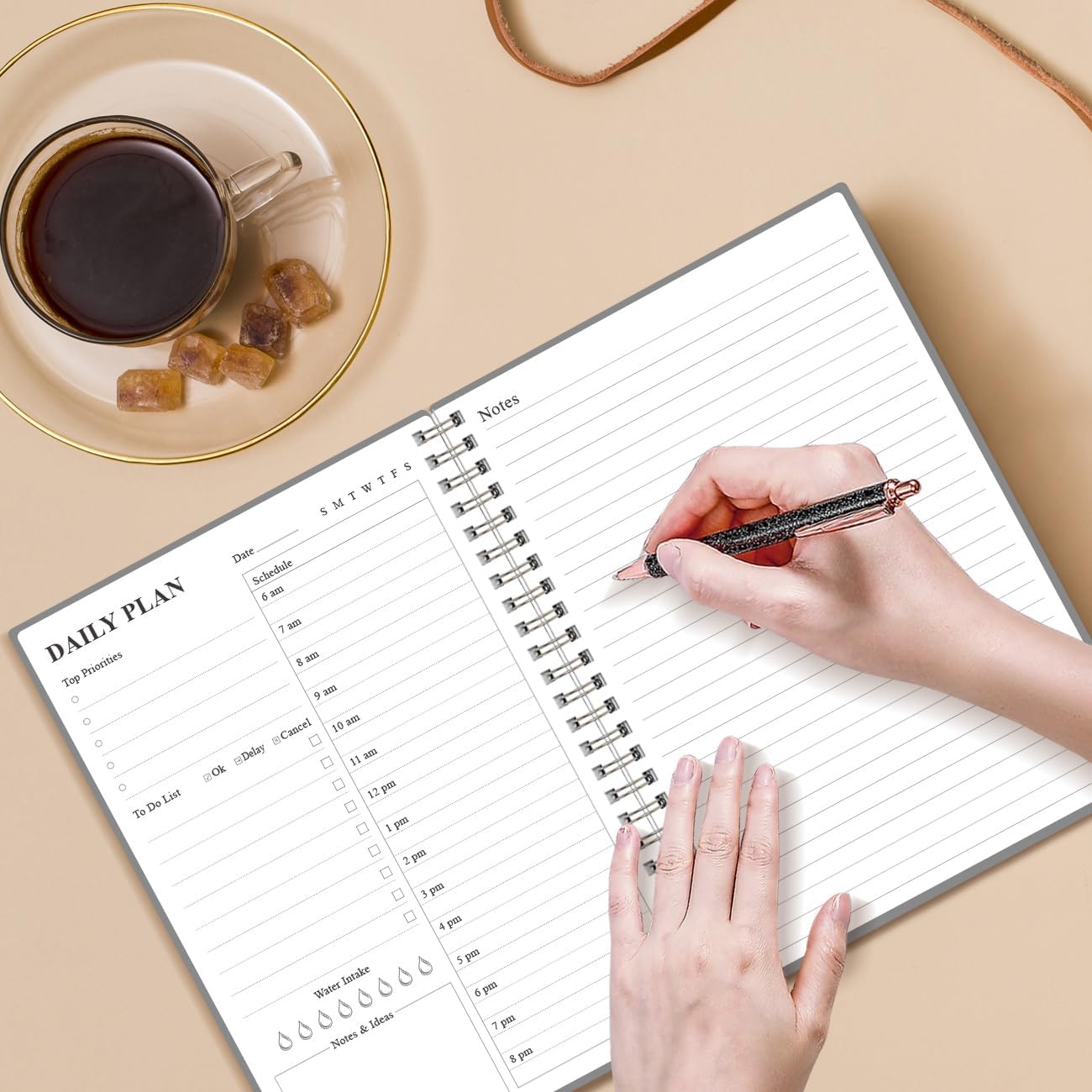 Daily Planner Undated - A5 To Do List Notebook Hourly Schedules, Spiral Appointment Planner for Women and Men, PVC Hardcover, Inner Pocket, Elastic Closure, 5.8" x 8.3", Grey