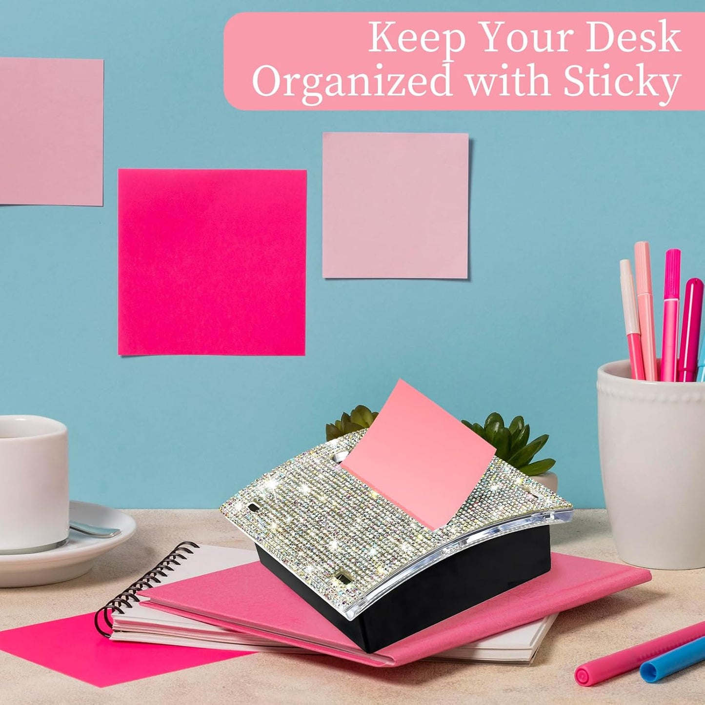 Rhinestone Self Sticky Note Holder Post it Note Dispenser Pop-Up Sticky Notes Dispenser 3 x 3 inch Post it Dispenser for Office Desk Accessories(Gold)