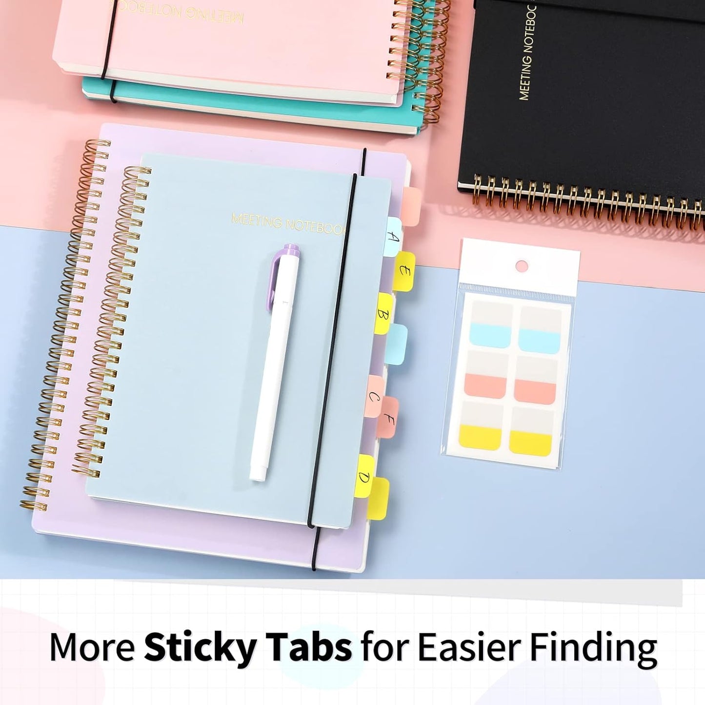 SUNEE Meeting Notebook for Work with Sticky Tabs - 160 Pages, B5 Size Project Planner, Spiral Meeting Agenda/Minutes Notebook Organizer for Women Men, Note Taking, Office & Business, 7"x10", Black