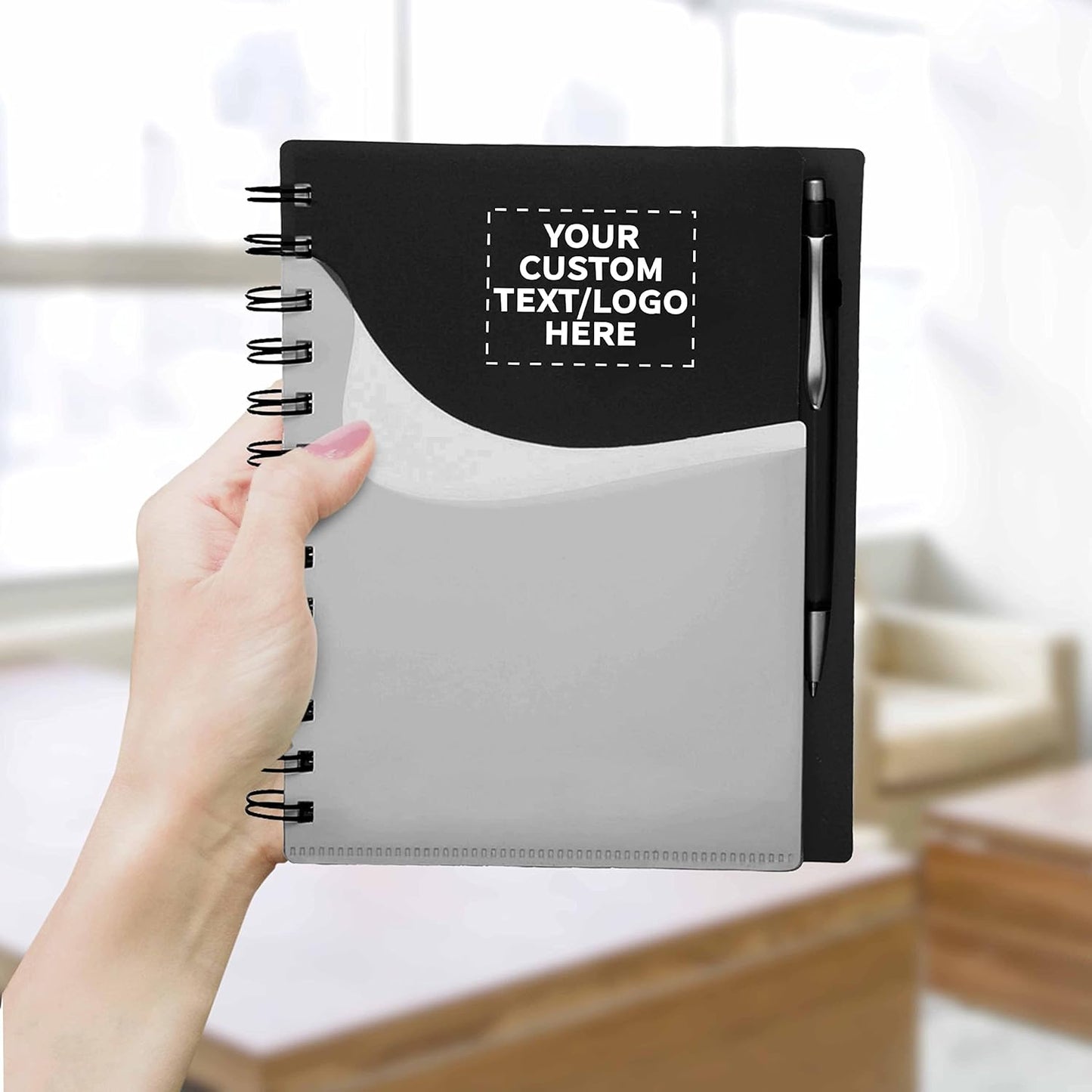 DISCOUNT PROMOS Custom Spiral Notebooks with Front Pocket Set of 50, Personalized Bulk Pack - Durable Plastic Cover, Includes Matching Pen in Blank Ink, Perfect for School, Office, Home - Black