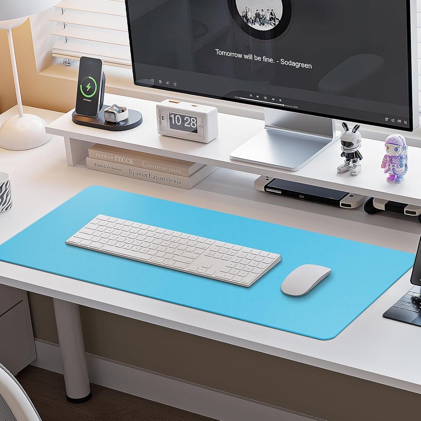 Boutilon Leather Desk Pad Protector,Non-Slip Mouse Pad,Laptop Desk Pad,Office Mouse Mat,Waterproof Leather Desk Blotter,Desk Writing Pad for Office and Home (S-Blue,24"x 14")