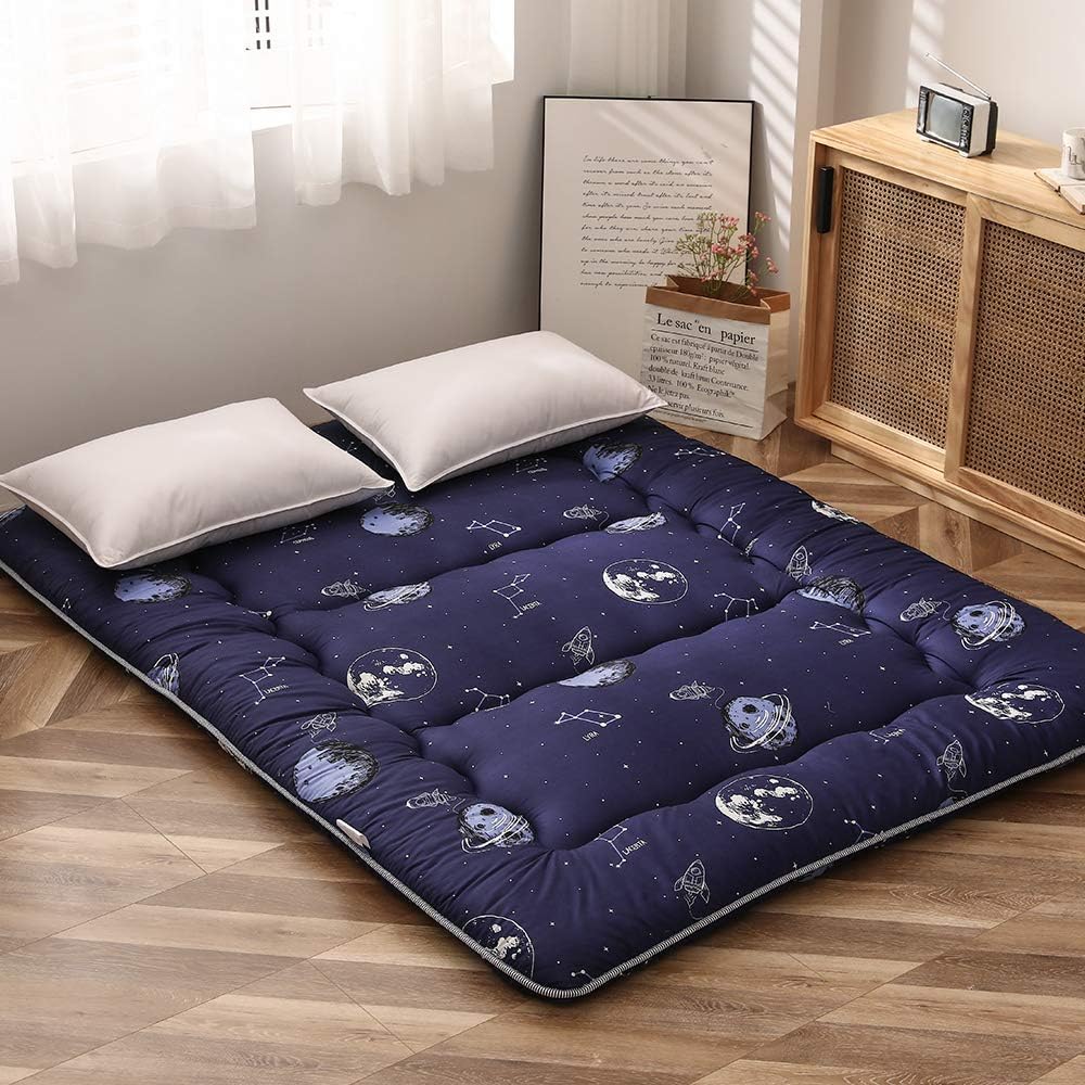 Navy Space Adventure Japanese Floor Futon Mattress, Thicken Tatami Mat Sleeping Pad Foldable Bed Roll Up Mattress Floor Lounger Bed Couches and Sofas for Kids Twin Size