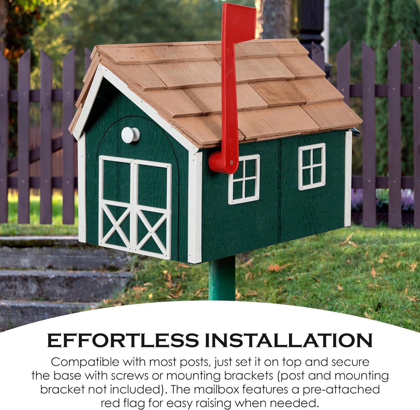 Peaceful Classics Amish Cedar Roof Wooden Mailbox with Window & Door Trim, Handcrafted Mailboxes for Outside, Post Mount Residential Mailboxes - (Beige & Green, Wood)