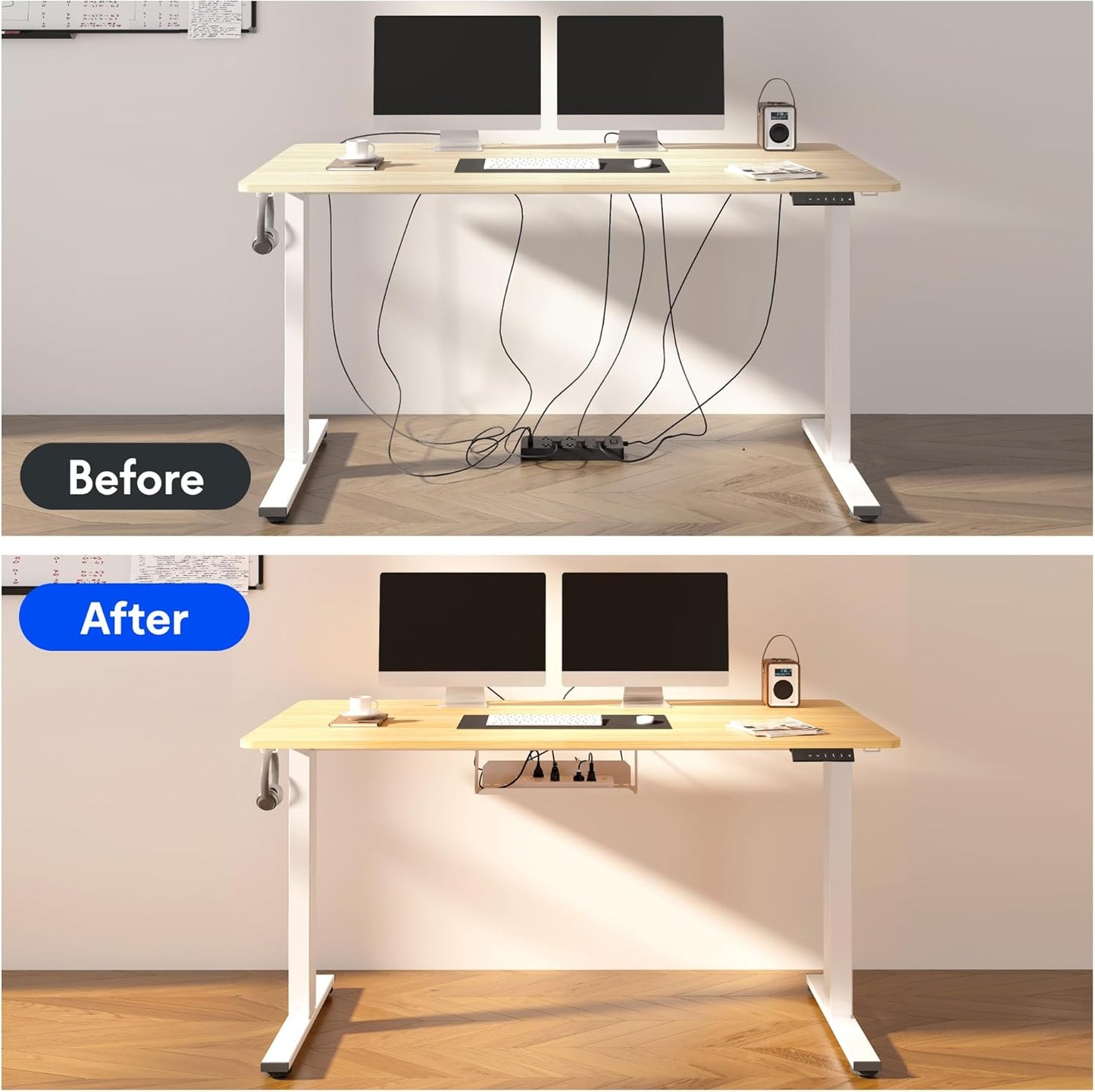 FLEXISPOT EN2 Whole-Piece Standing Desk with Clamp Power Strip, 40 x 24 Electric Stand Up Height Adjustable Desk with Cable Management (White Frame + 40" Maple Top)