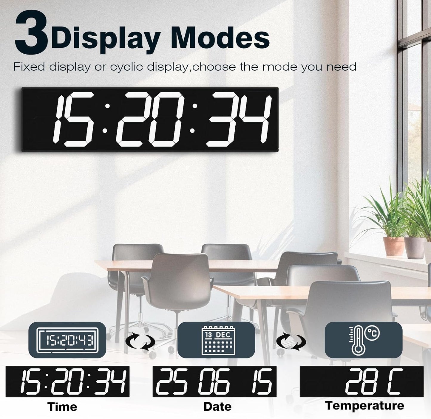 Digital Wall Clock with Large Display, 28.4‘’LED 6-Digit Large Clock with Adjustable Brightness, Multifunction Digital Timer with Countdown and Stopwatch (White)