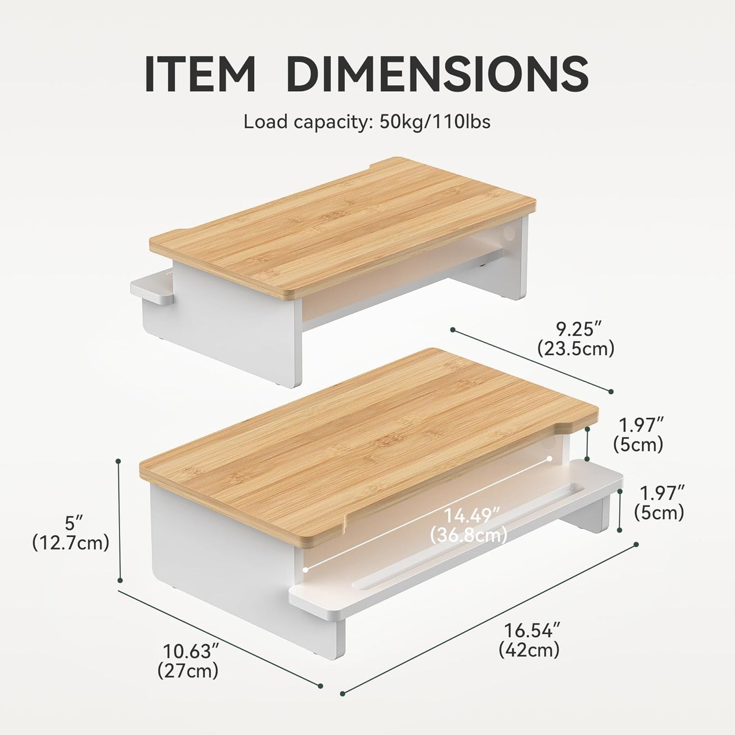 Monitor Stand Monitor Stand Riser for Desk,Wood Desk Shelf Storage Organizer with Phone Tablet Holder (16.5 Inch, White & Natural Bamboo)