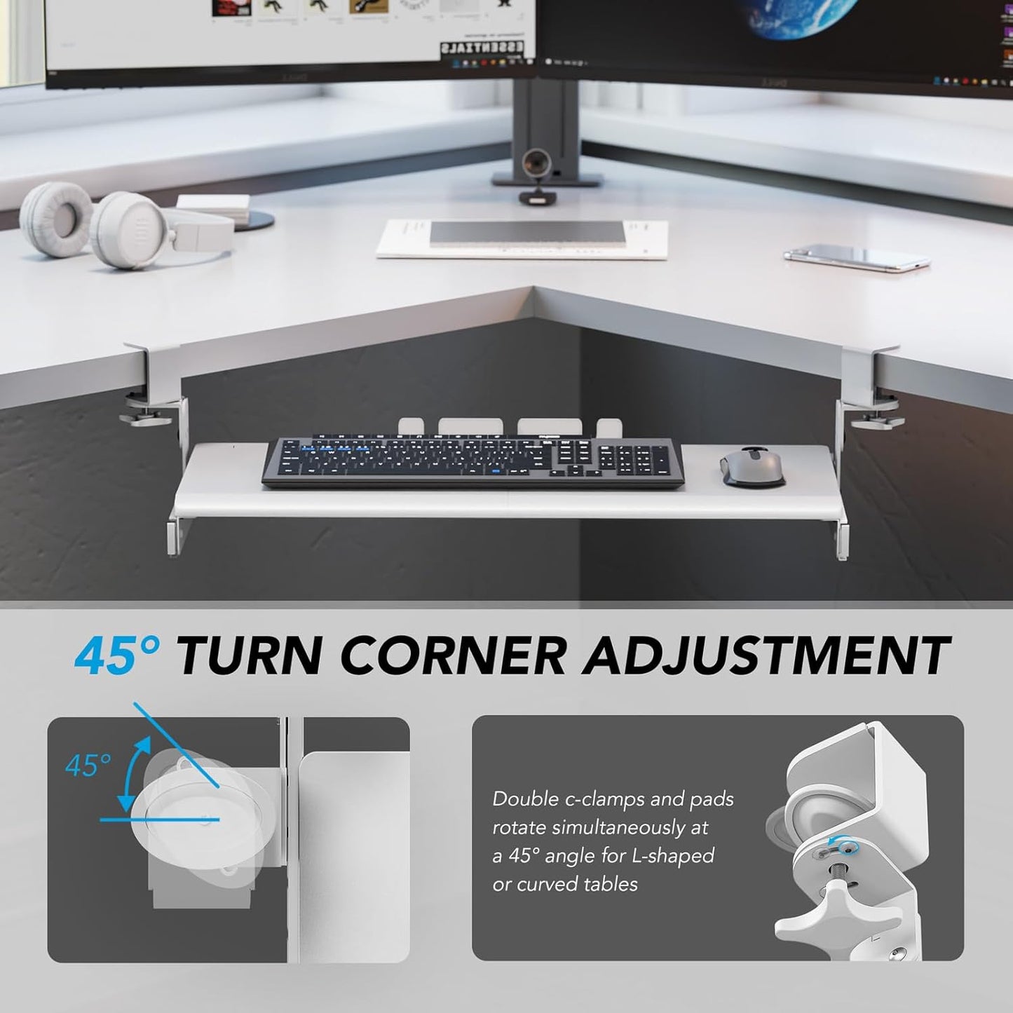 AX WABER Keyboard Tray Under Desk Pull Out with Extra Sturdy C Clamp Mount System, 27.3 (32.5 inch Including Clamps) x 11 Inch Slide-Out Platform Computer Drawer for Typing White AX01WW01